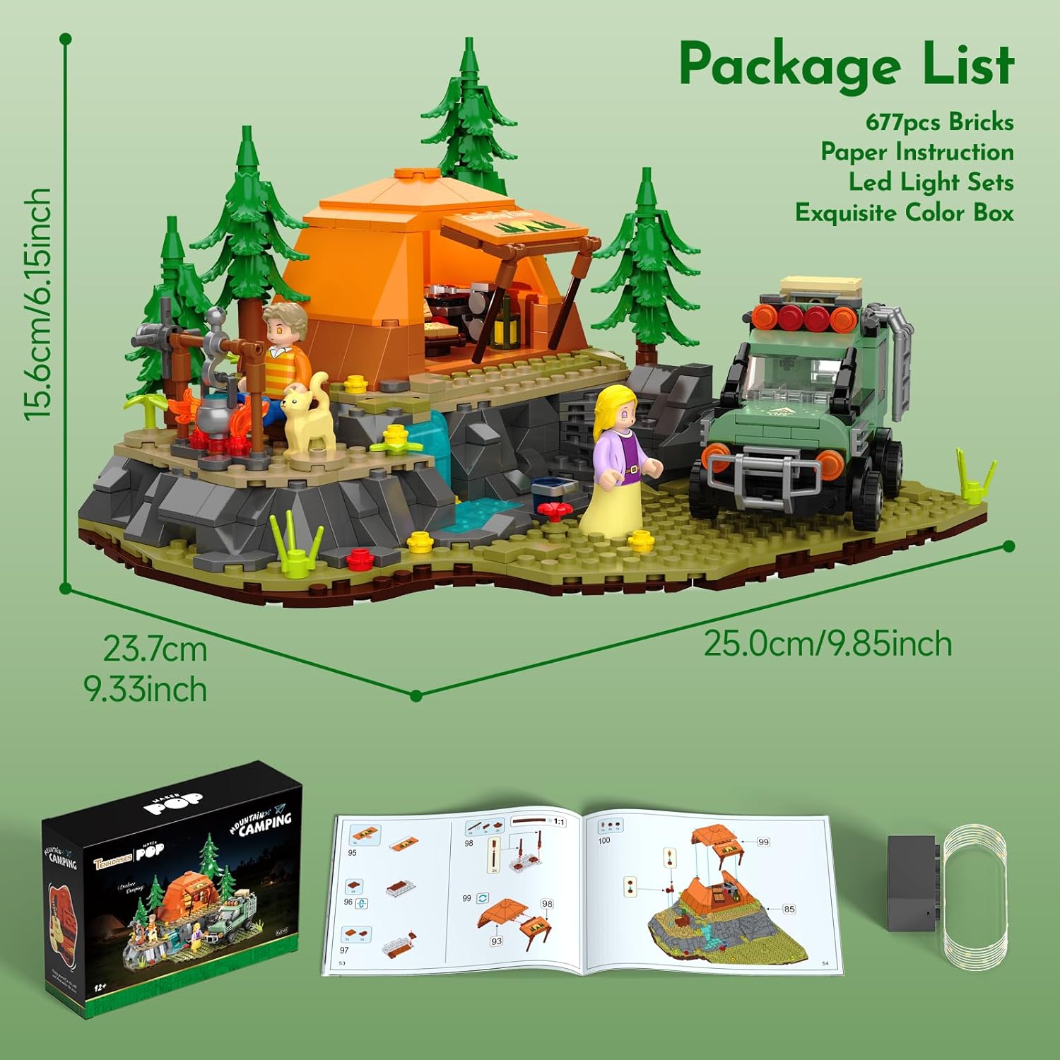 Mountain Camping Building Set with Light, Outdoor Adventure Scene Toy with Camp, Tent, Camper Van, Campfirre, Creative Home Decor & Display, Xmas Birthday Gift for Adults Teens Camping Lovers, 677 Pcs