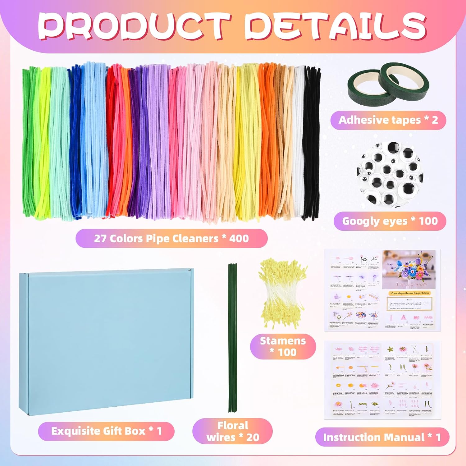 Folklyzo Pipe Cleaners,400 Pcs Creative Chenille Stems Pipe Cleaners Craft,27 Colors Pipe Cleaners Bulk for Crafts, DIY Pipe Cleaner for Home Arts and Crafts Decorations Supplies