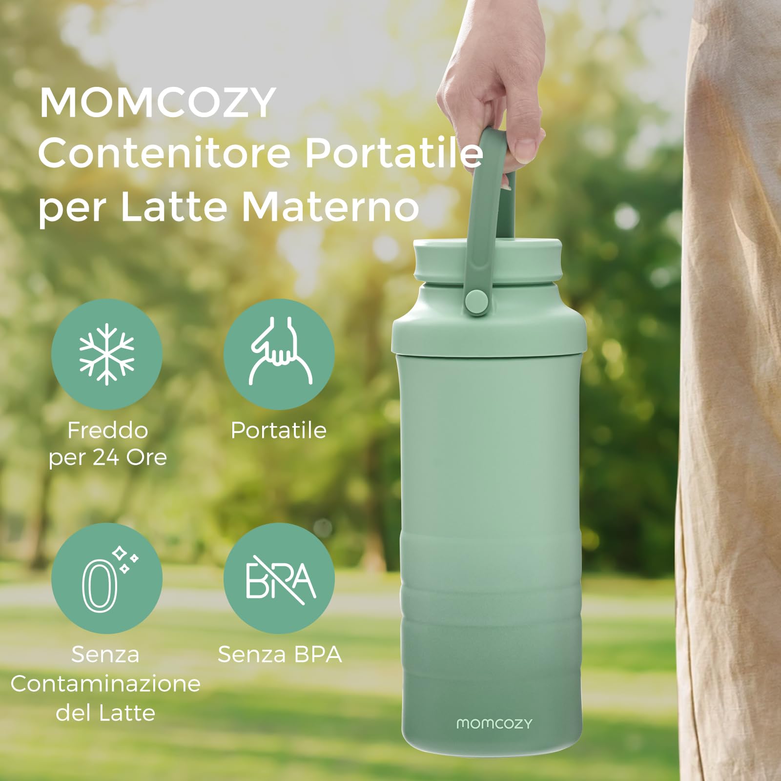 Momcozy Brocca Per Latte Materno In Vetro | Termoresistente E Antiperdita, Bocca Larga Verde
