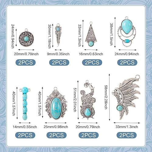 Miniatura 2 de Colgantes de estilo tibetano, dijes de piedra turquesa sintética para collar, pulsera, joyería, fabricación de artesanías, Metal, No es una piedra