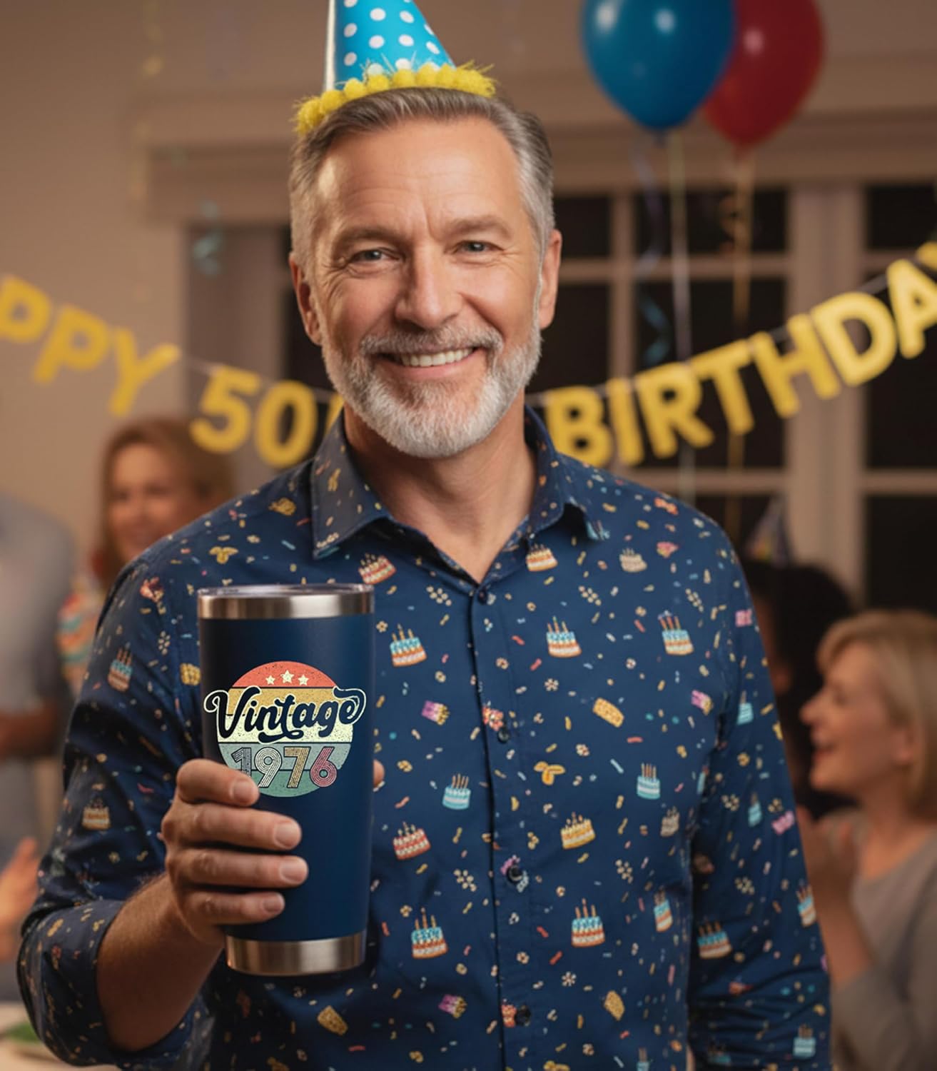 50th Birthday Gifts For Men Women - 1976 50th Birthday Decorations Ideas for Him Present For Man Turning 50 Year Old Gifts For Dad, Husband, Friends - 20 Oz Stainless Steel Mug Tumbler (Navy-197601) - Image 4