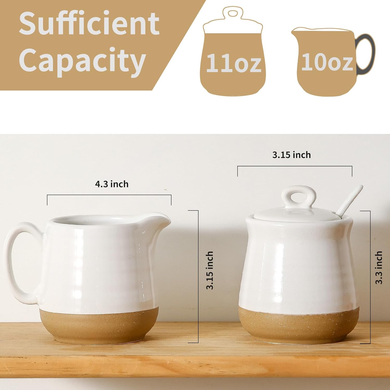 Hasense Ceramic Sugar and Creamer Set & Honey Jar with Dipper, 3 PCS, White