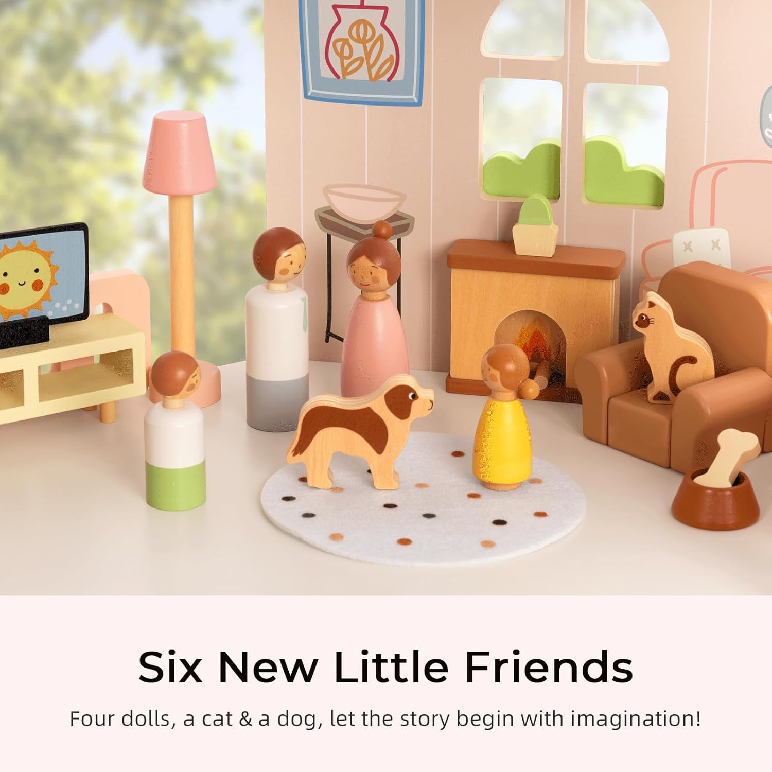 OOOK Wooden Dollhouse with 60 Pcs Luxurious Furniture Accessories, Including 4 Dolls and 2 Pets, Large 3-Story Doll House with 6 Rooms, Doll House for 3 Year Old