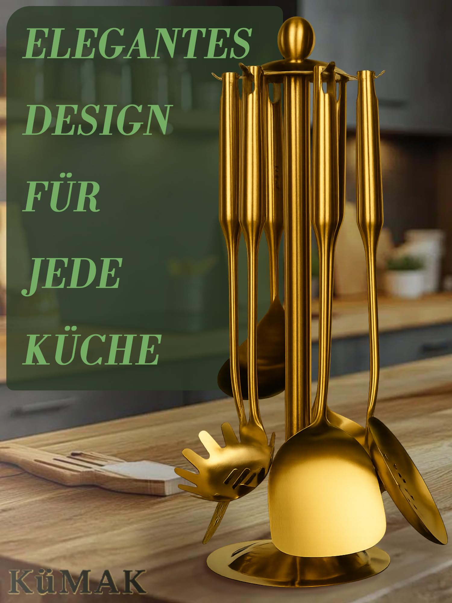 KüMAK, set di utensili da cucina in acciaio inox, 7 pezzi, utensili da cucina, set di pentole, cucchiaio da cucina, cucchiaio da cucina, mestolo, mestolo, spatola, paletta piatta e porta utensili (oro