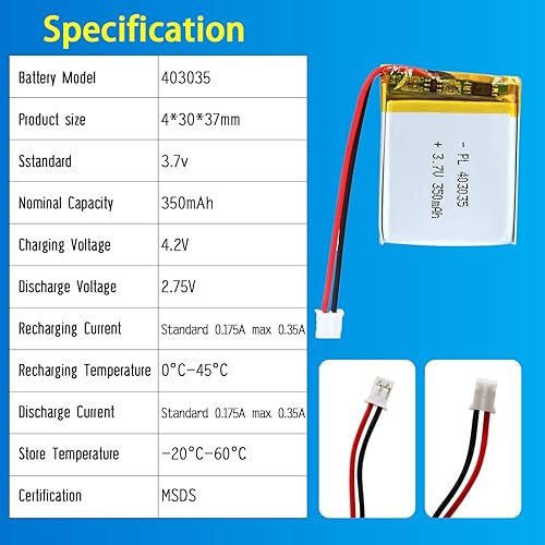 Miniatura 4 de 403035 3.7V Lipo Batería 350mAh 403035 Batería recargable de polímero de litio con conector JST PH2.0.000 in para dispositivo electrónico