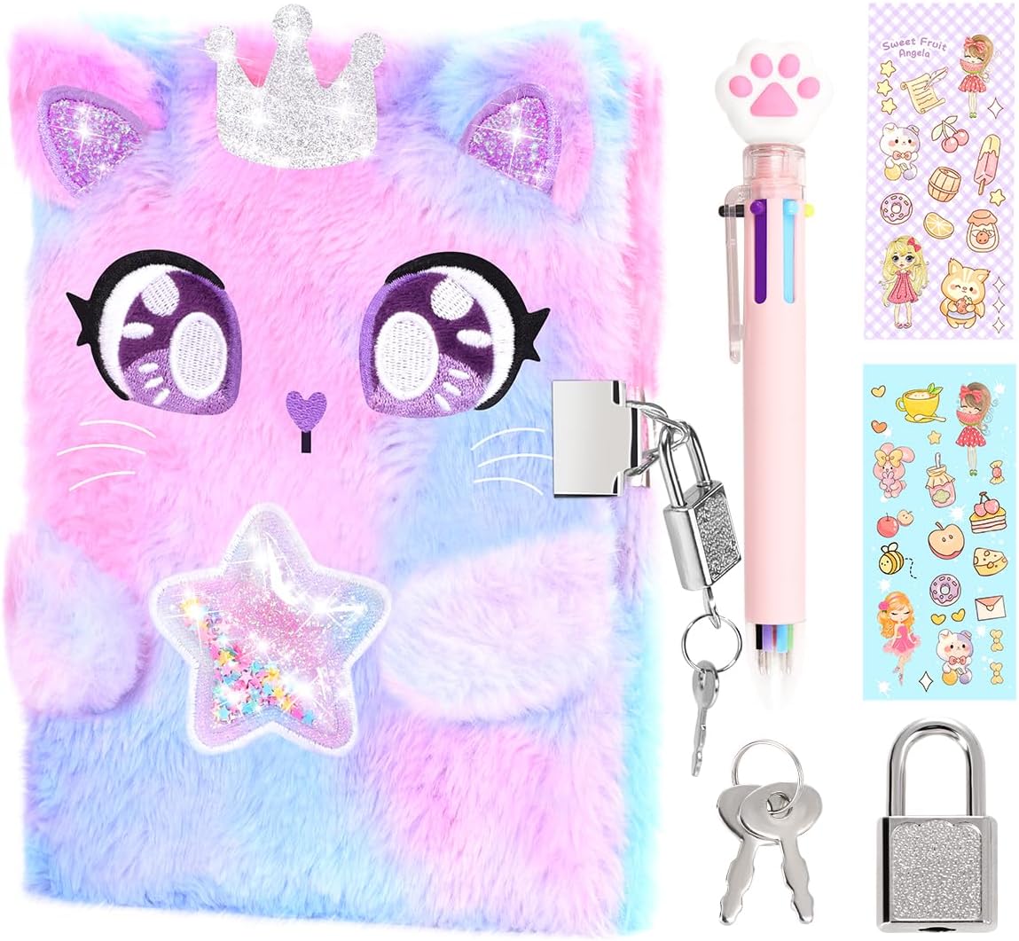 rinBarBee Diary for Girls with Lock and Keys,Tie-Dye Fuzzy Journal for Kids,Hardcover Fluffy Locking Notebook for Writing and Drawing,4-12 Year Old Girl Birthday