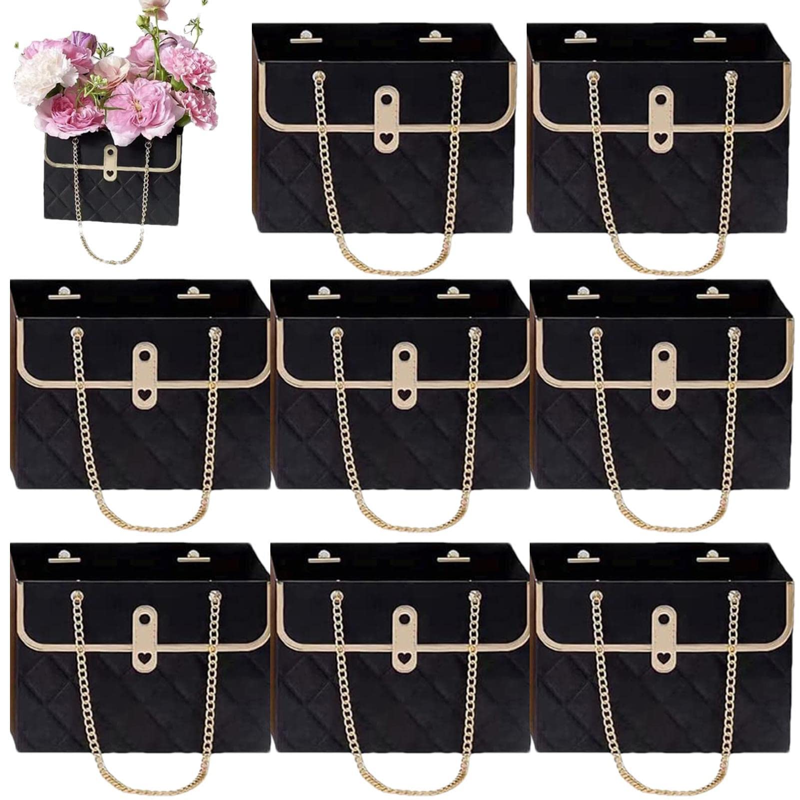 Pomurom 8Pcs Black 8 Flower Paper Box Bouquet, Flower Bags For Bouquets, Boxes For Flower Arrangements, Flower Bouquet Boxes Florist Packaging Craft Box Vase For Wedding Graduation Decor