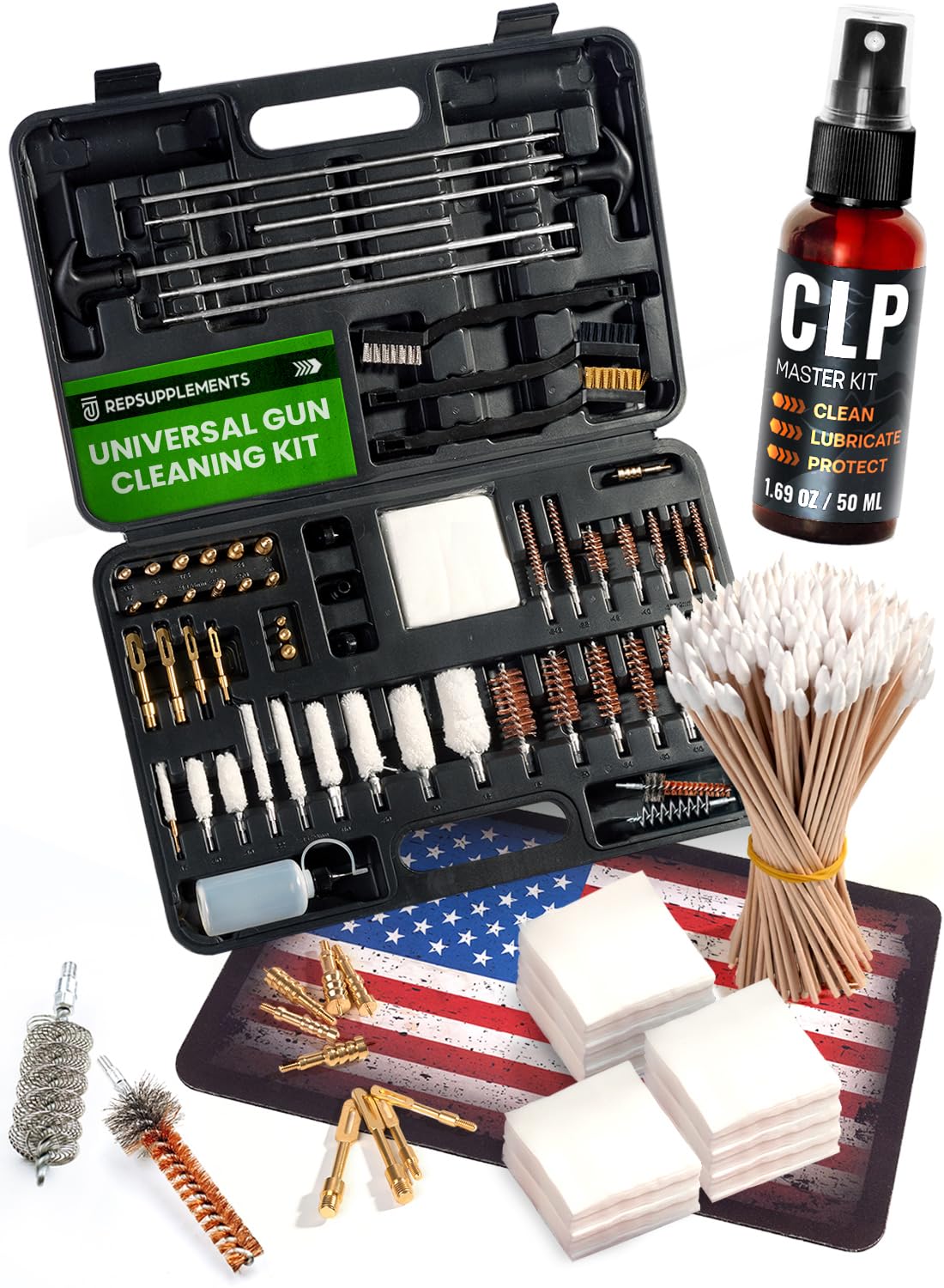 Universal Gun Cleaning Kit for All Guns - Portable Gun Cleaning Kits for Hand guns and Rifles, Shotgun, Airsoft - 1.69 Oz Clp Gun Cleaning Oil, Stainless Steel Rods, Brass Jags, Patches, Swabs
