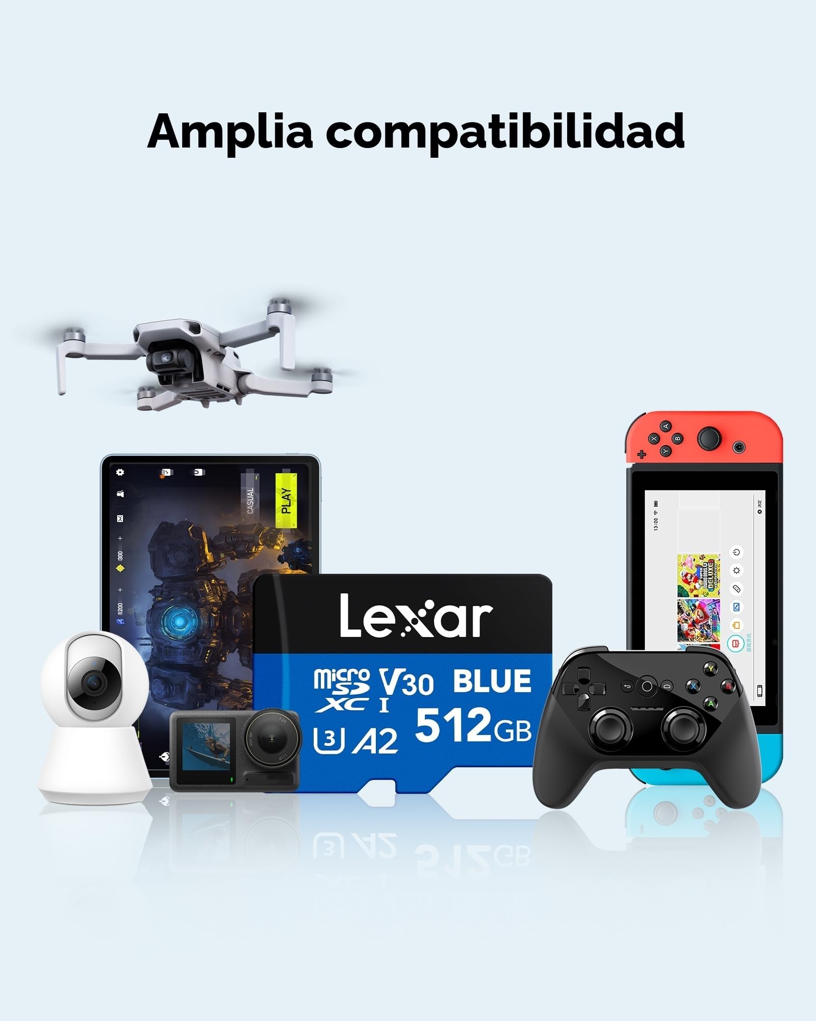 Lexar Blue Tarjeta Micro SD 512GB, hasta 160 MB/s ectura, Tarjeta microSDXC UHS-I, C10, U3, V30, A2, Full-HD 4K, Tarjeta de Memoria de Alta Velocidad para Smartphones/tabletas/cámaras de acción