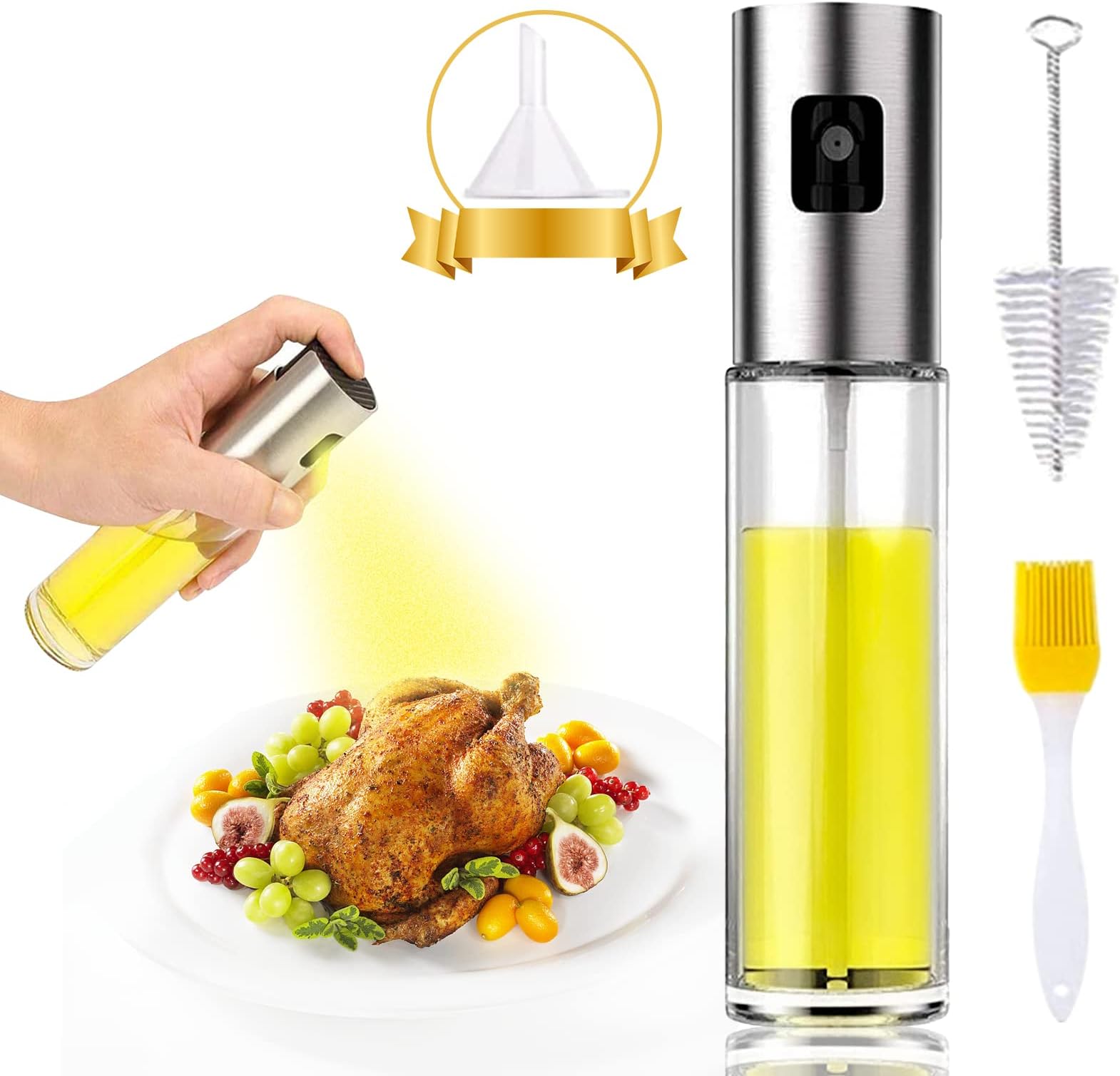 4 In 1 Oil Sprayer For Cooking Air Fryer Mister 100ml Food Grade Olive Vegetable Oil Vinegar Pump Dispenser Spray Versatile Glass Bottle Spritzer For Kitchen Baking Salad Grilling BBQ