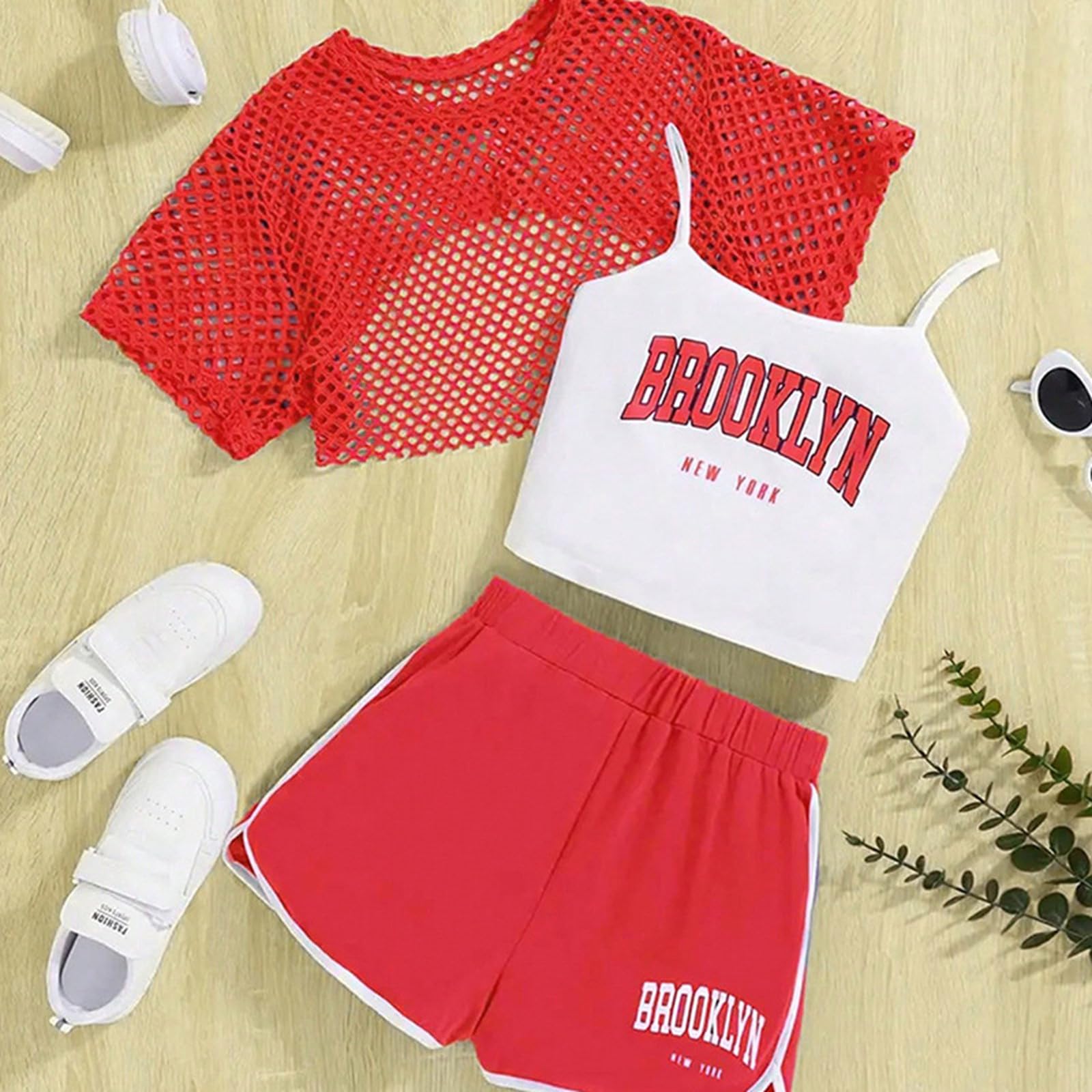Abiti estivi per ragazze, set da 3 pezzi, casual, vestibilità ampia, top senza maniche, pantaloncini, per attività all'aperto, età 8-14, abbigliamento da gioco comodo e traspirante. #33