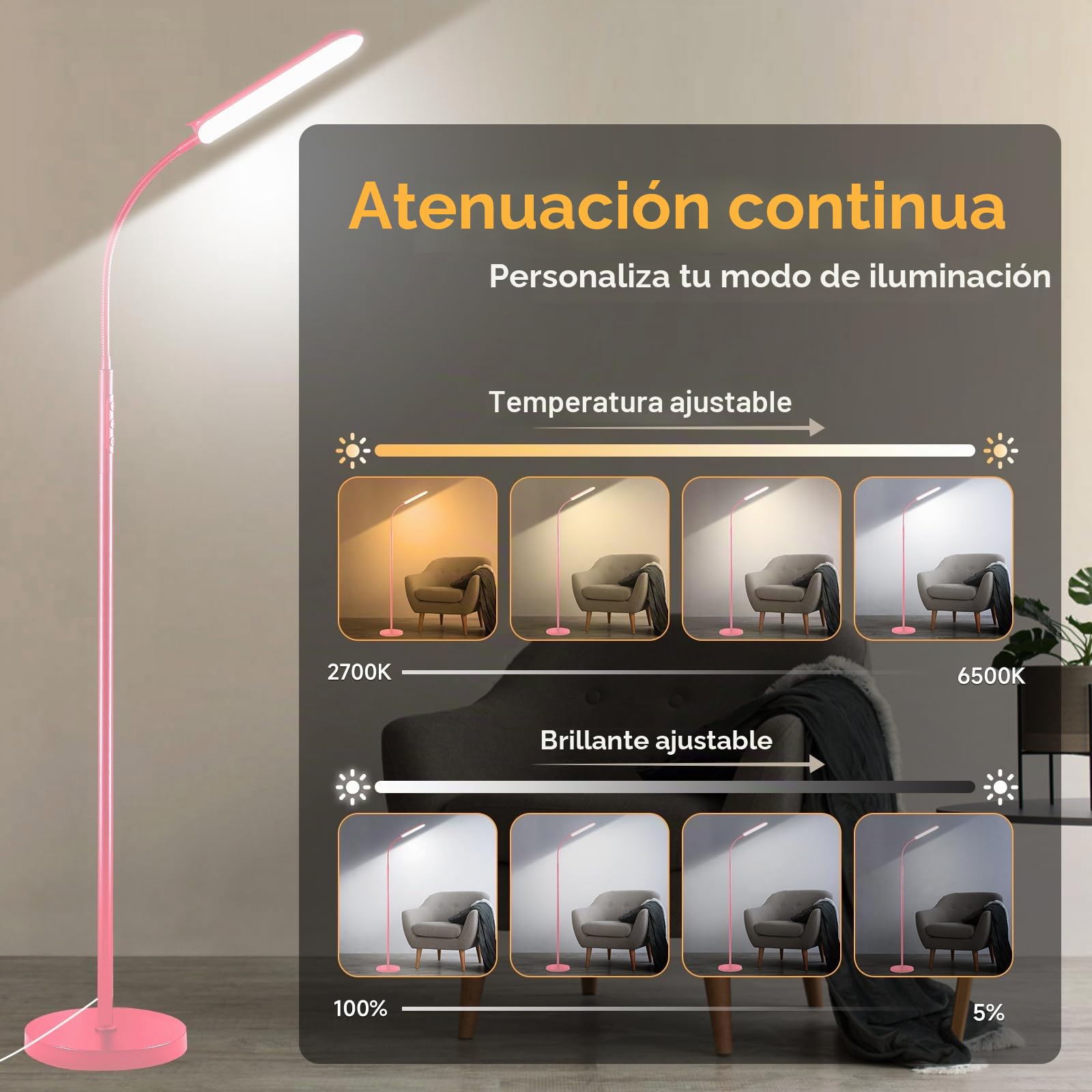 Rosa - Lámpara de pie con pie (18 W, 1800 lm, regulable LED, lámpara de suelo, 2700 K, 6500 K, temperatura de color, con mando a distancia, control táctil, 1 hora, lámpara de pie alto para sala de