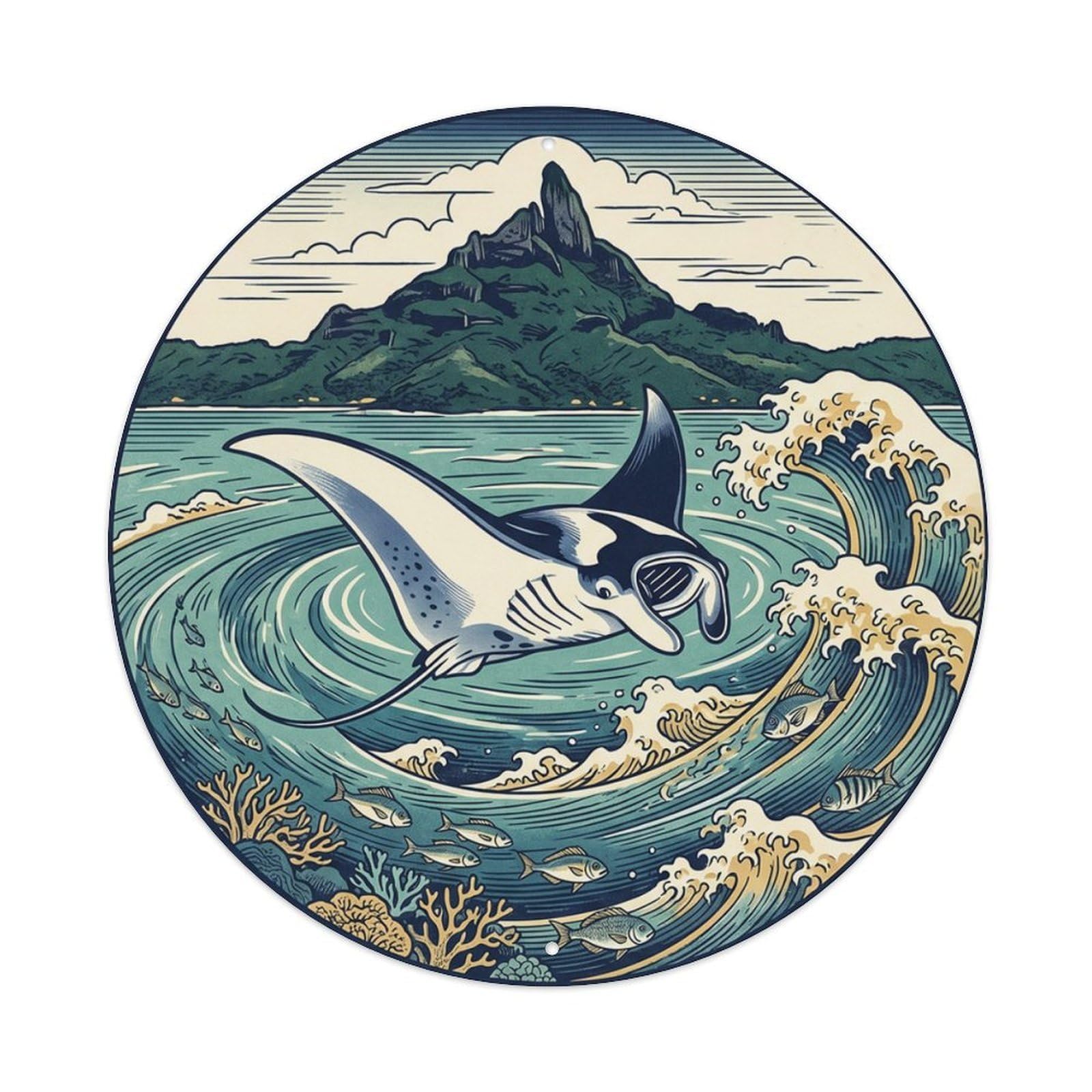 Olyhtr 8X8inch Classic Style Borabora Otemanu Manta Ray Lagoon Woodblock Metal Tin Sign