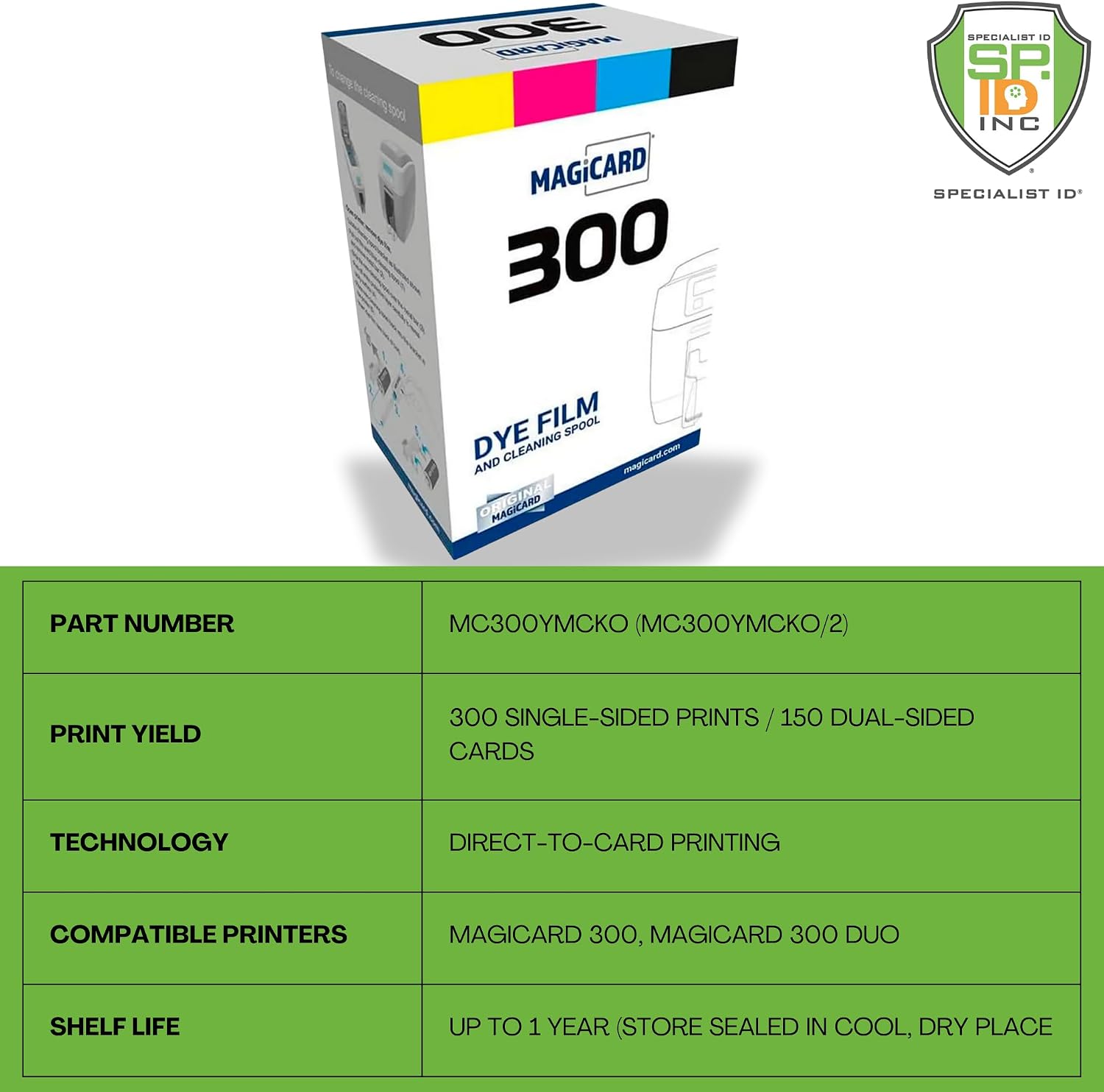 Magicard MC300YMCKO/2 Dye Film for 300 Series ID Card Printer - 300 Print MagicCard YMCKO Full Color Printer Ribbon and Cleaning Spool with 10 Specialist ID Test Cards