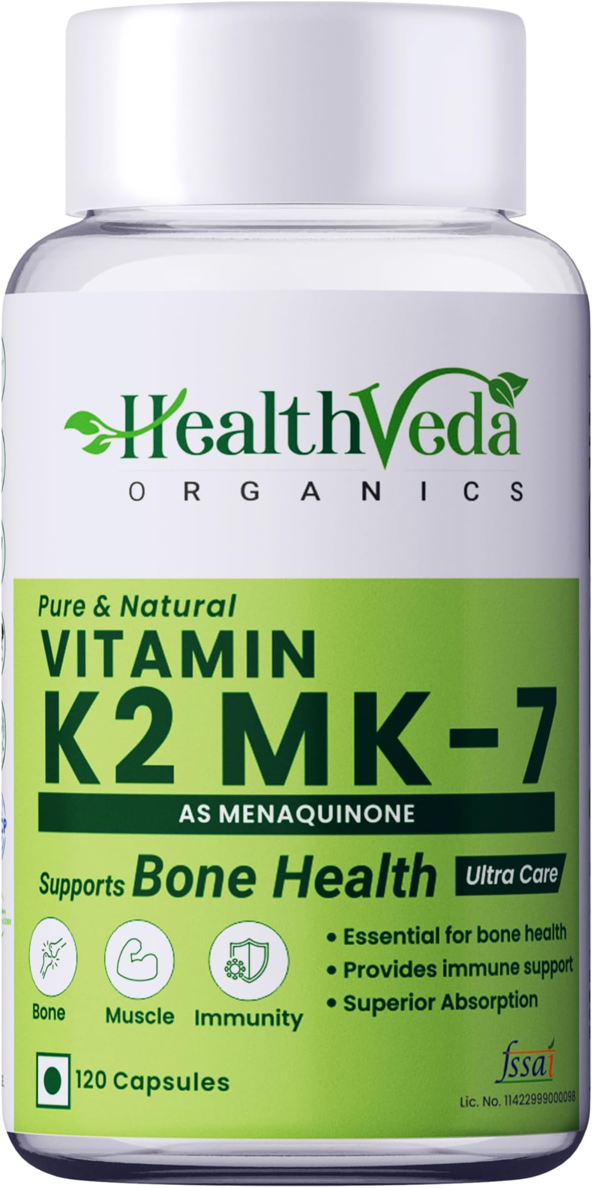 Health Veda Organics Vitamin K2 55 mcg Supplement for the Bone Health Support for Both Men and Women | 120 Vegan Capsules Pack
