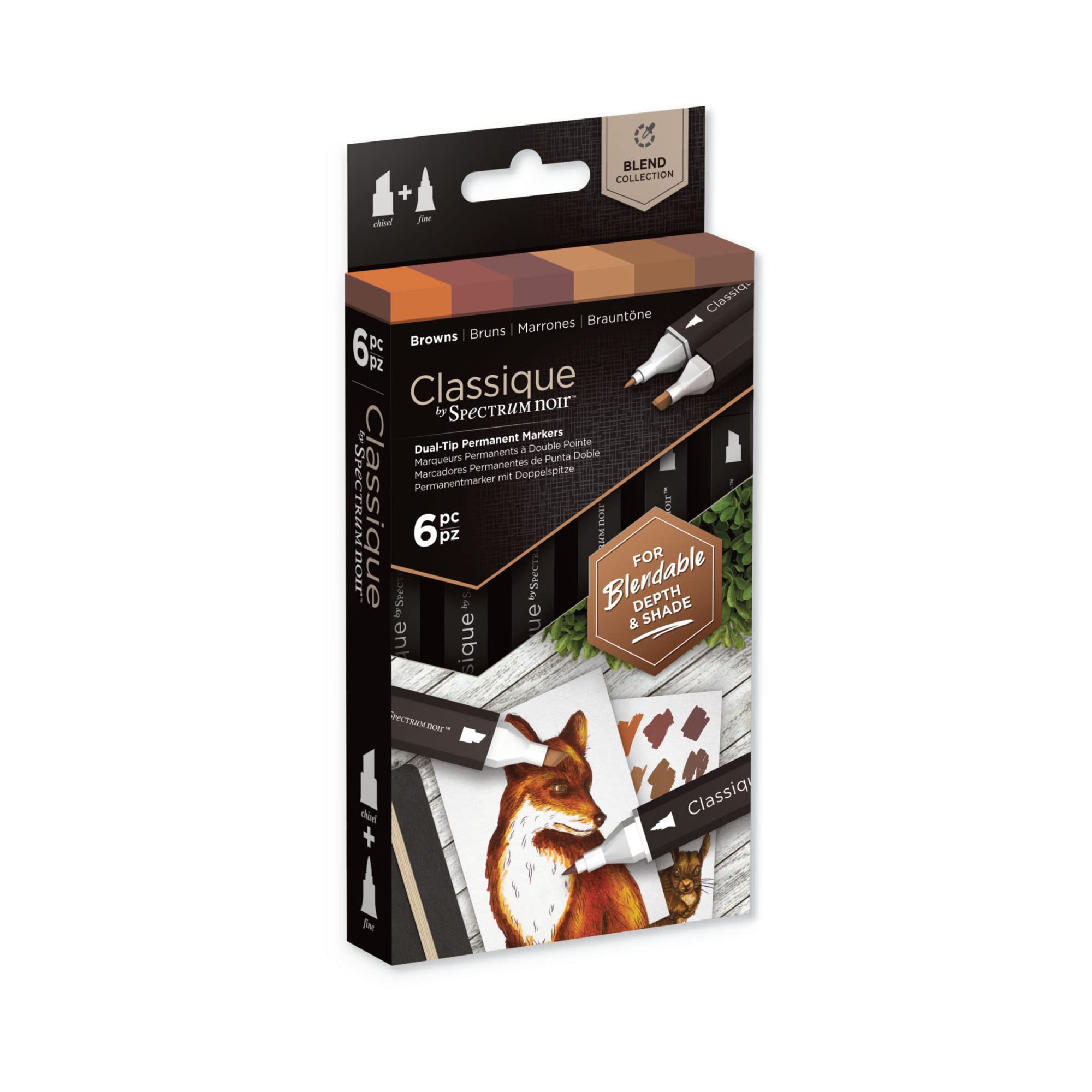 Spectrum Noir Classique Blend Twin Tip Blendable Alcohol Based Marker Set with Japanese Nibs - Pack of 6 - Perfect for Colouring, Drawing & Illustration (Browns Pack)