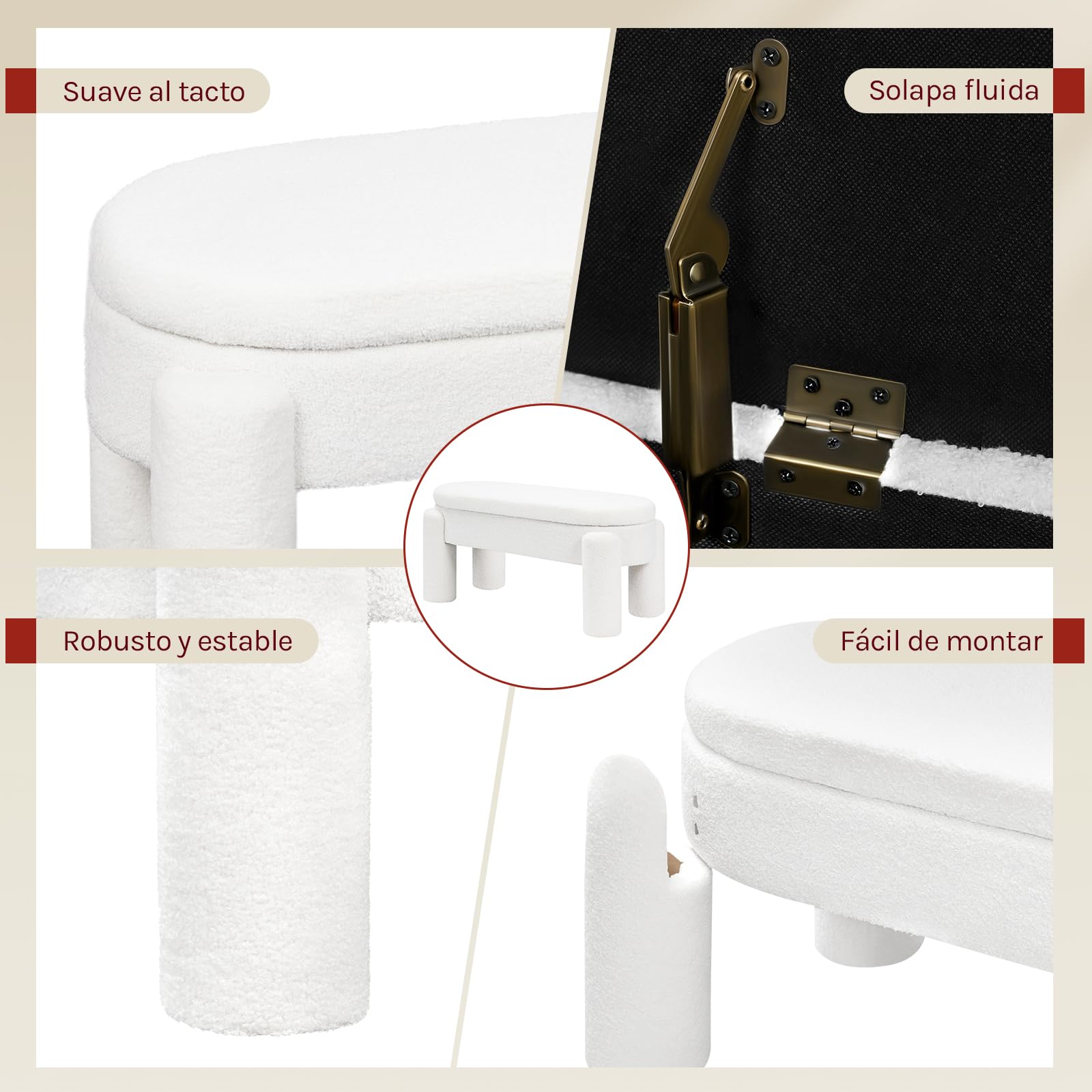 WOLTU Banco Almacenamiento de 114 cm, Banquetas Dormitorio de Tela Polar Teddy, Baul Almacenaje, Banco para Cama Salón Entrada Recibidor, Moderno, Blanco