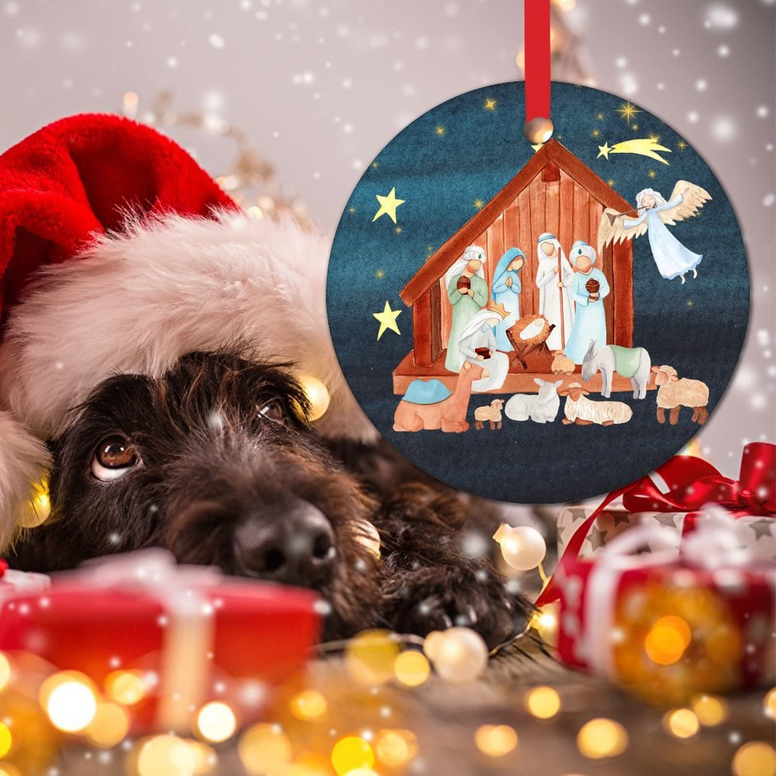 Jezus kerstboomversiering, kerstversiering van acryl voor de boom, kerstdecoraties voor de feestdagen-bruiloftsfeest, hond en Jezus zitten op de maan Qumiuu