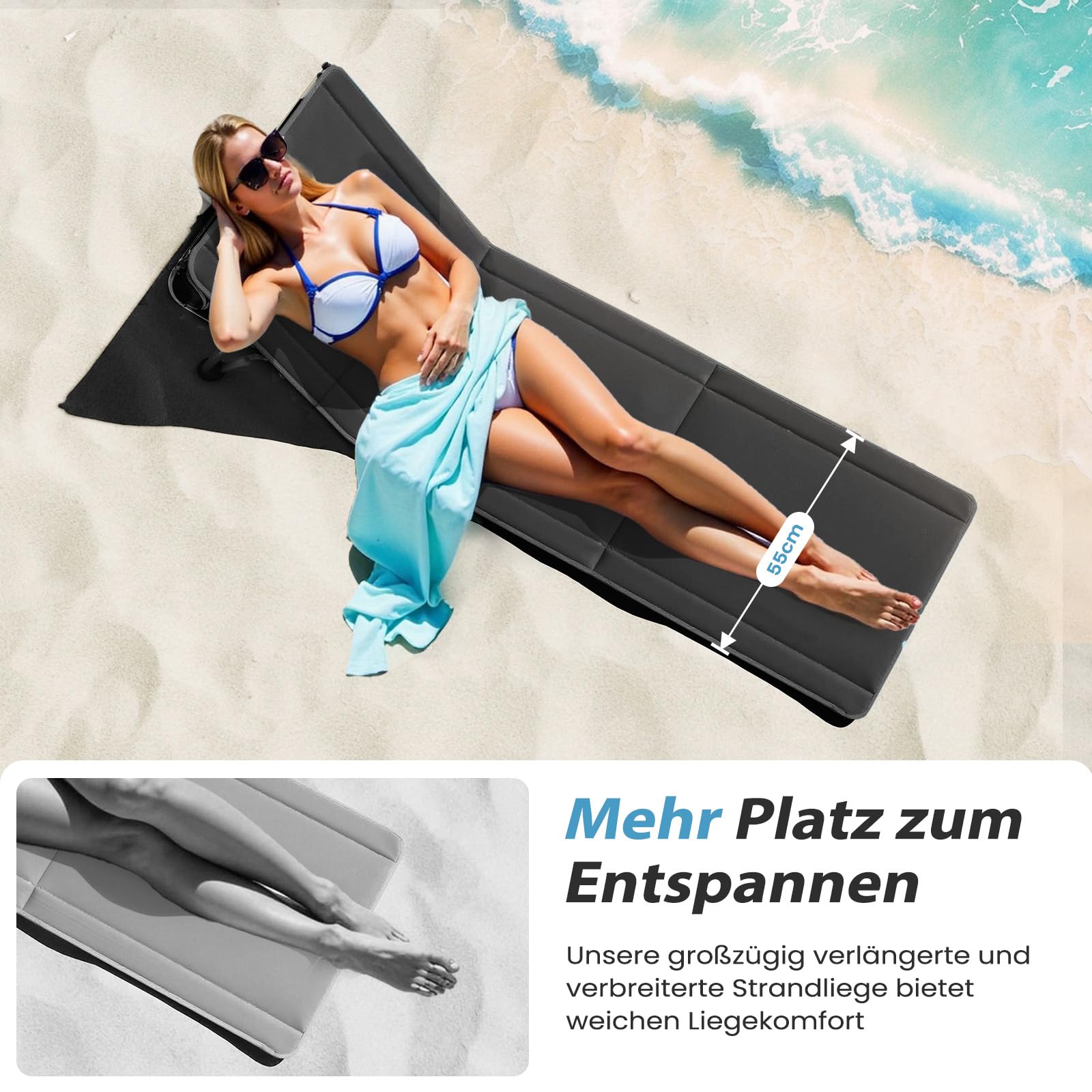 UDPATIO 2er Set Strandmatte mit Rückenlehne 195 cm, Strandstuhl, Verstellbare Strandliege Klappbar Leicht, Faltbare Sonnenliege für Strand, 150kg Belastbar, Sonnenmatte Gepolstert mit Tasche, Schwarz