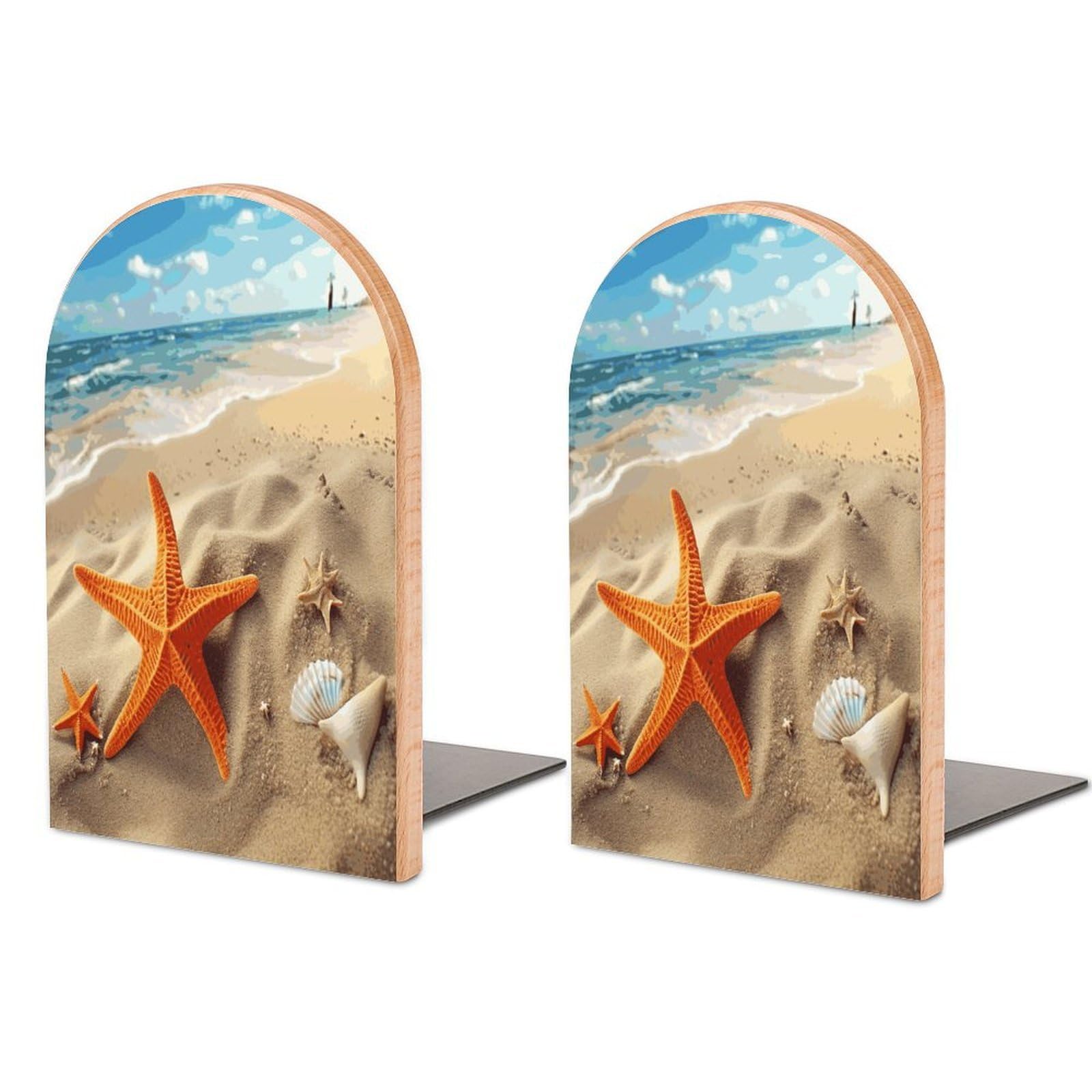 Sea Beach Starfish Bookend for Shelves Non-Skid Book Holder Modern Heavy Duty Bookend Stopper Metal Base Wood Book End Books Shelf Holder Home Decorative 1pair 5x3.9x3.1
