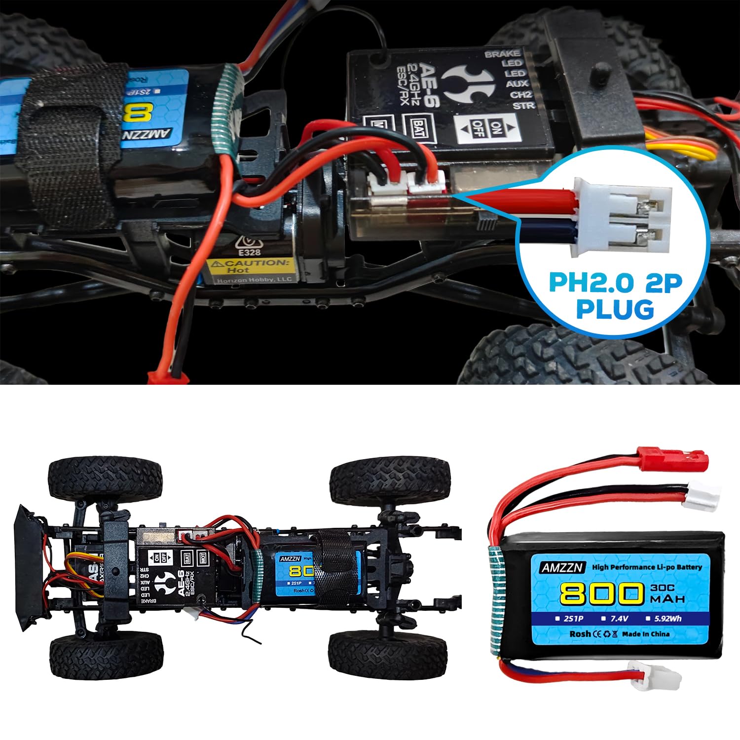 2PCS 7.4V 2S 30C 800mAh Lipo batteria JST spina e spina PH2.0 con caricabatterie 2-in-1 adatto per veicoli SCX24 RC, compatibile con la maggior parte dei camion RC e droni telecomandati