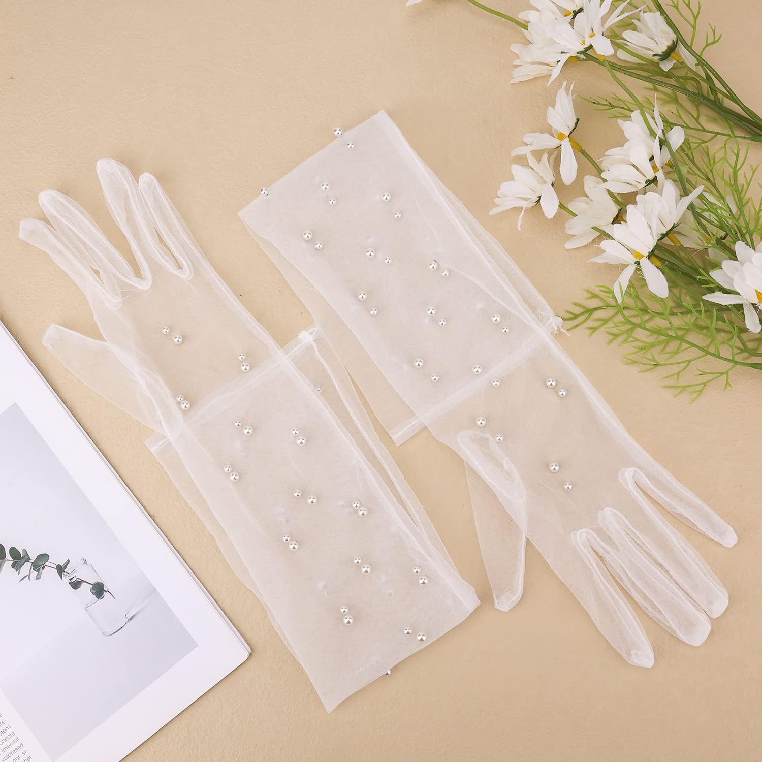 1 Pair Pearl Wedding Gloves - Elegant Long Tulle Bridal White Lace for Brides, Girls, Women