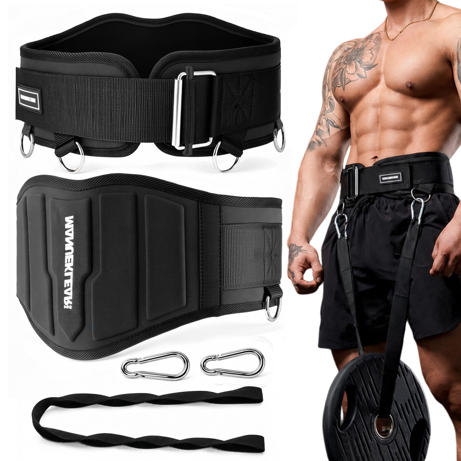 MANUEKLEAR 2-in-1 Weight Lifting Belts for Back Support, Dip Belt with 38.5 IN Rope for Weightlifting Pull Up, Powerlifting Gym Weight Belt for Men Women (Black, L (33.5in-37.5in))