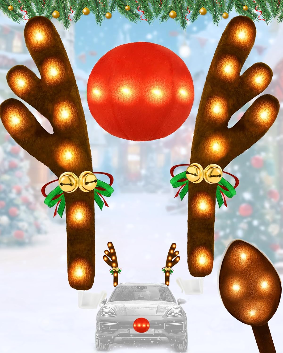 Christmas Reindeer Antlers Car Decoration Kit, LED Lights Nose Vehicle with Jingle Bells Rudolph, Auto Holiday Accessories for SUV Van Truck Decor Warm White