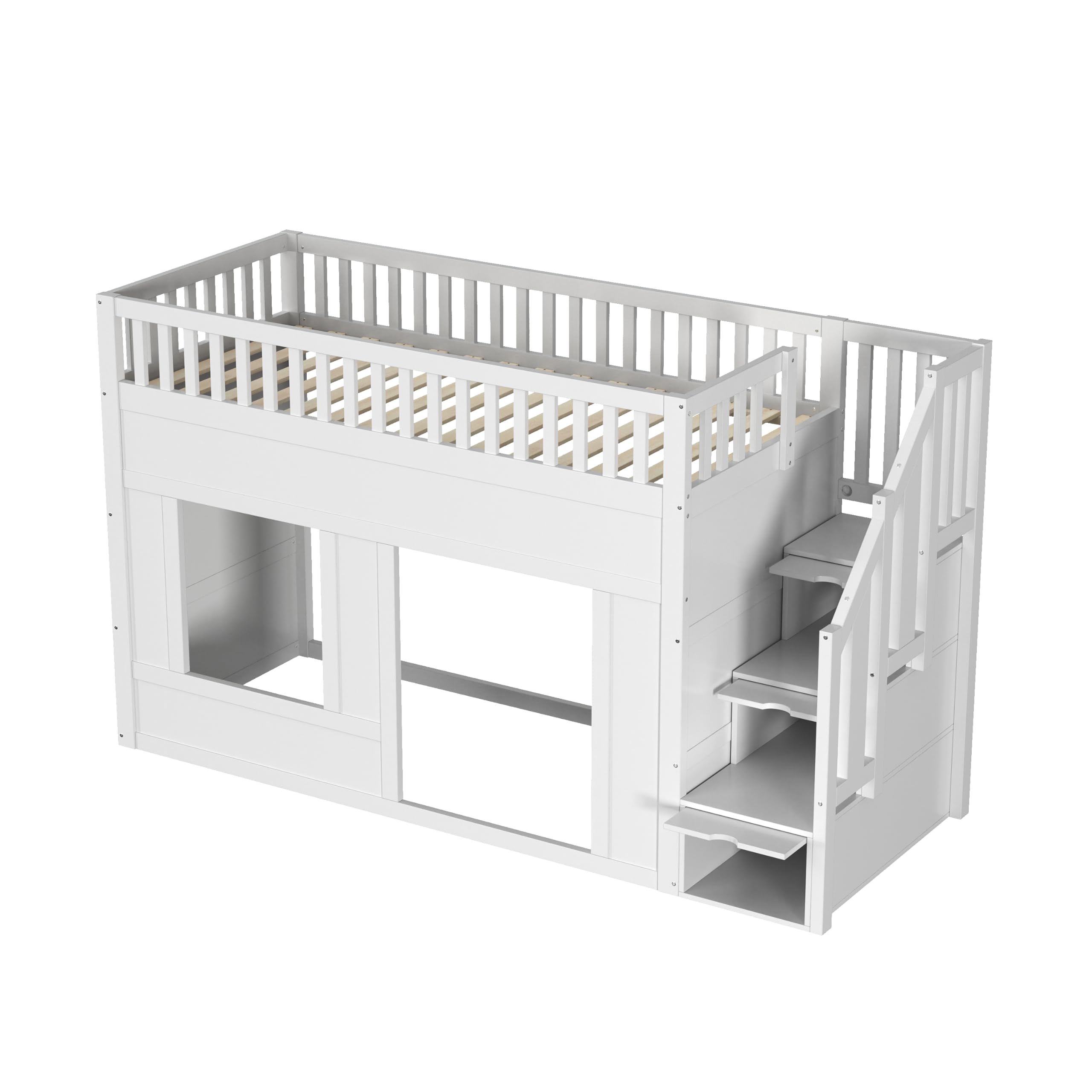 Cuna Litera 90 x 200 cm Blanca Cama Alta Multifuncional Cama Infantil con Armario Escaleras Espacio Convertible Debajo Sin Colchón