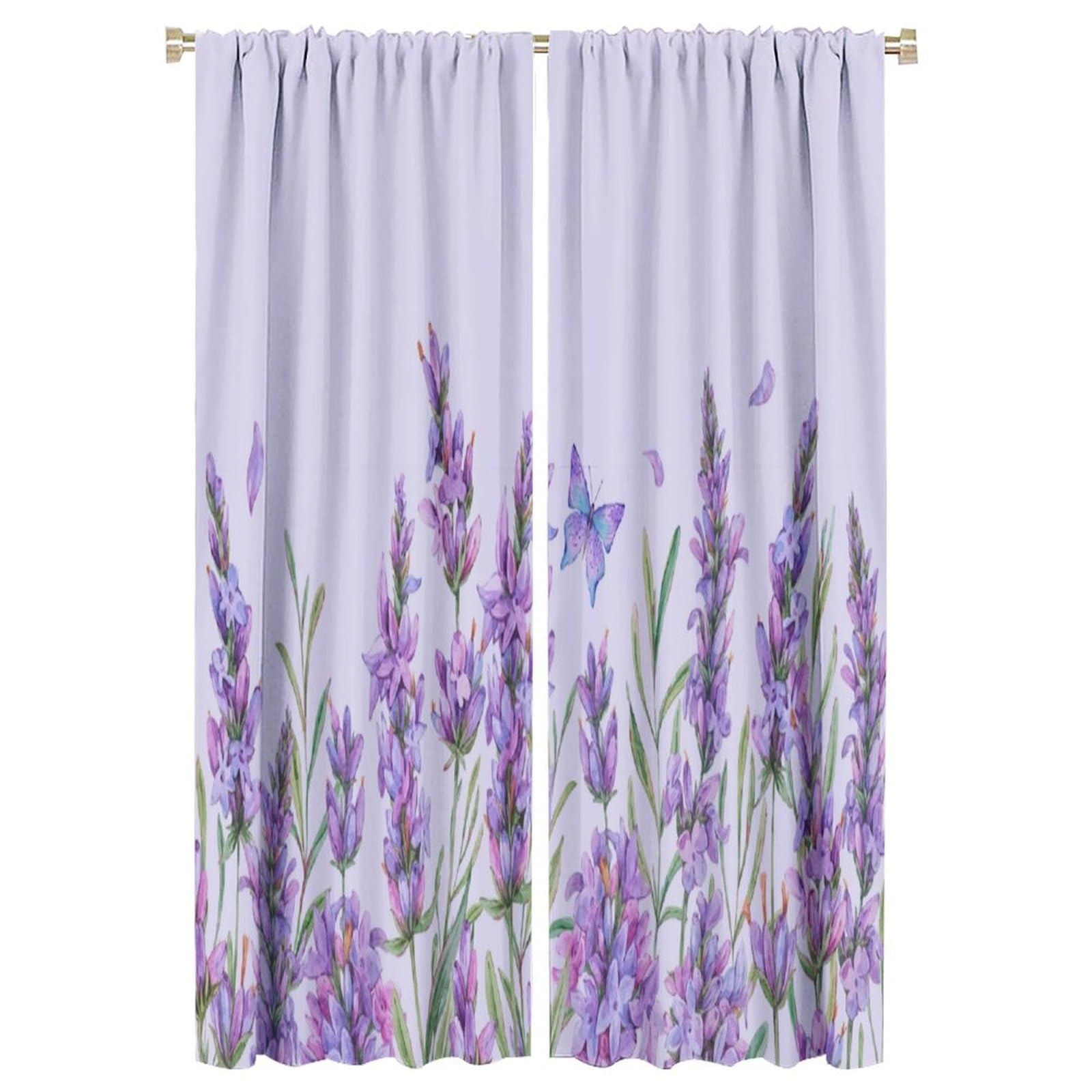 HZOHNAGO Lavender Flower Curtain Watercolor Purple Floral Butterfly Pattern Blackout Print Rod Pocket Window Drapes for Bedroom Living Room 52x84in