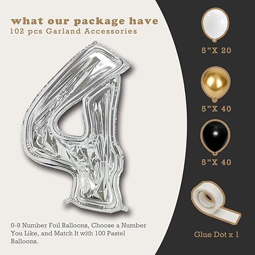 Miniatura 2 de Globo gigante de 65 pulgadas del 0 al 9, globos plateados de aluminio de 4 dígitos y globo de látex dorado y negro de 5 pulgadas para cumpleaños,