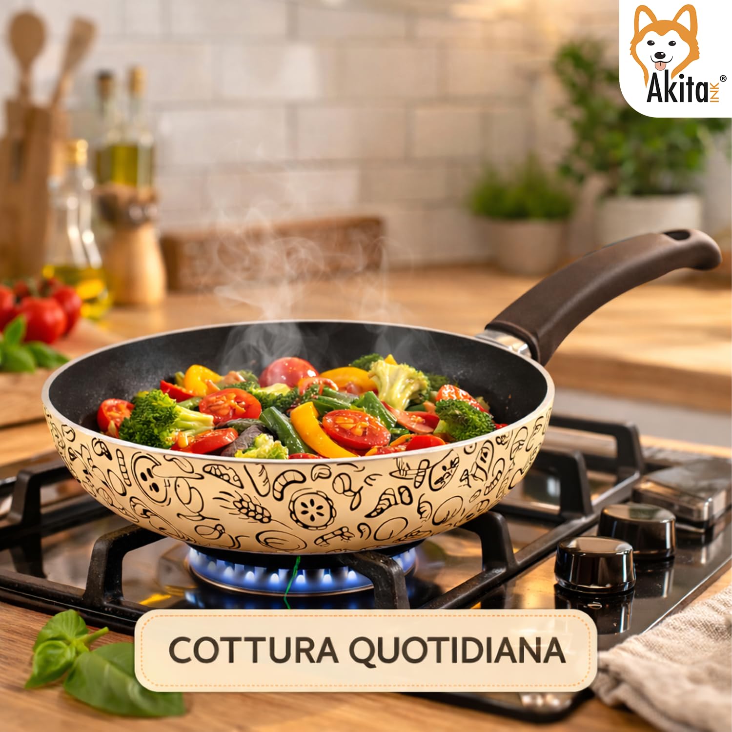 AKITAInk Set 3 Padelle Antiaderenti 20, 24 e 28 cm - Padelle Pastella da Cucina con Rivestimento Antiaderente e Manico Soft Touch, Ideali per Cotture Uniformi