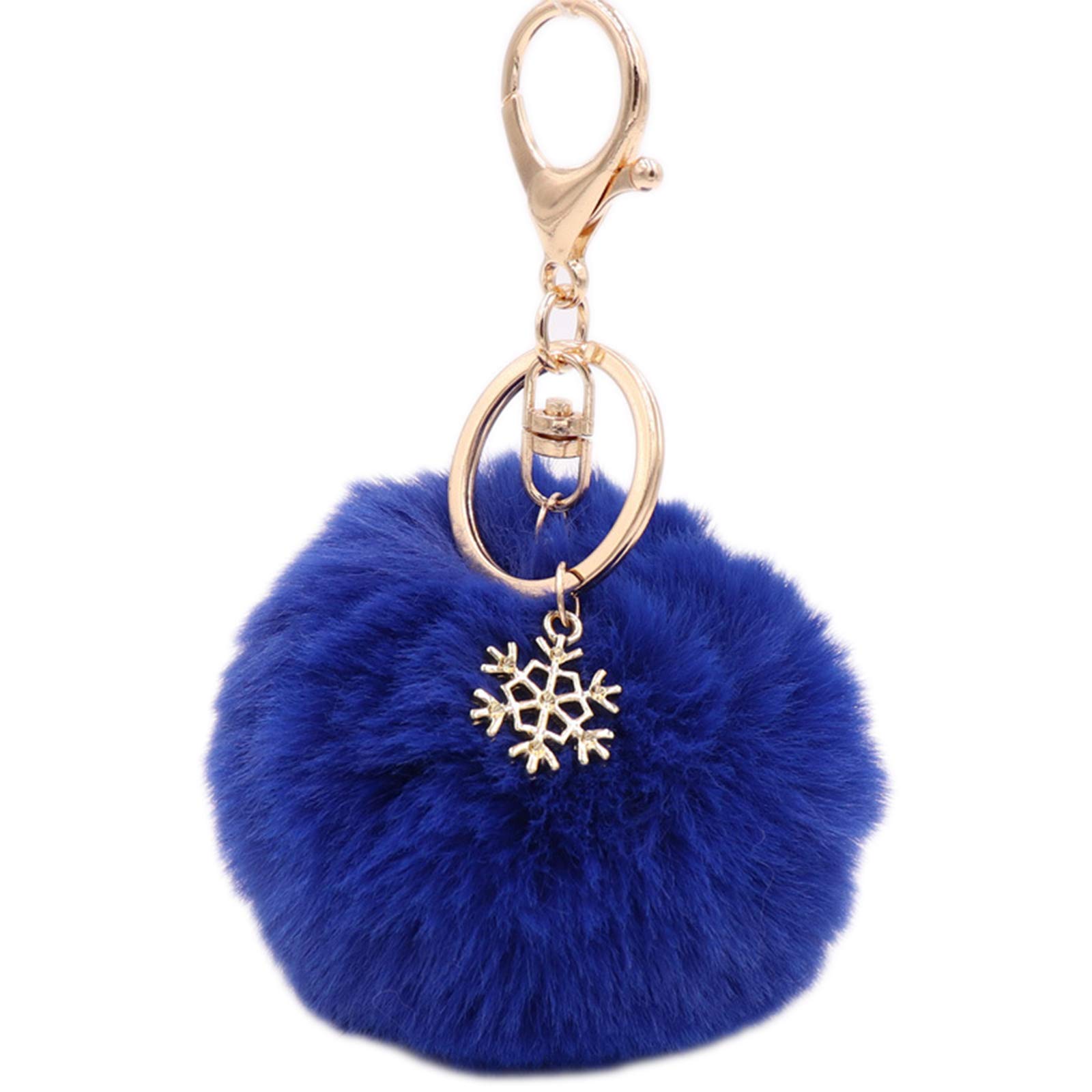 CAFFAINA Pom Pom Keychain with Snowflake Pendant Charms Furry Fluffy Plush Ball Keyring- Royal Blue