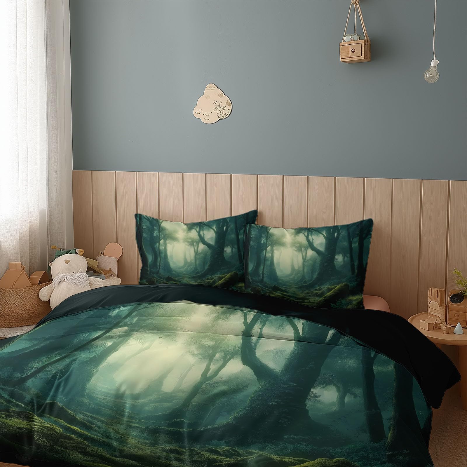 Komplet pościeli 240 x 220 cm tajemniczy las poszwa na kołdrę z mikrofibry 2-osobowa dla dzieci nastolatka dziewczyna, ciemnozielona poszwa na kołdrę i 2 poszewki na poduszki 65x65 cm