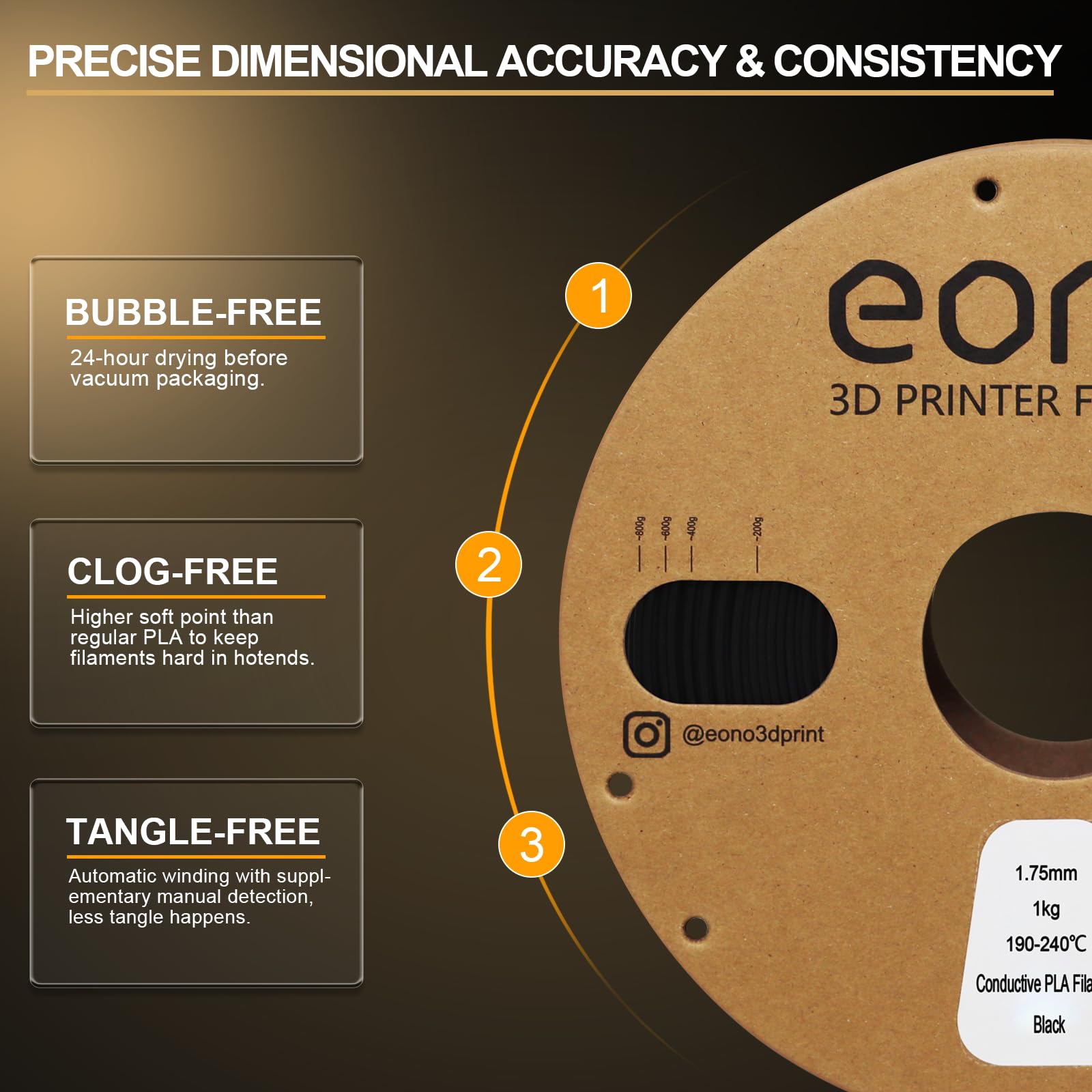 EONO Elektrycznie przewodzący filament PLA 1,75 mm, przewodzący filament do drukarki 3D, Conductive PLA 1 kg, dokładność pomiaru +/- 0,03 mm do drukarki FDM, czarny