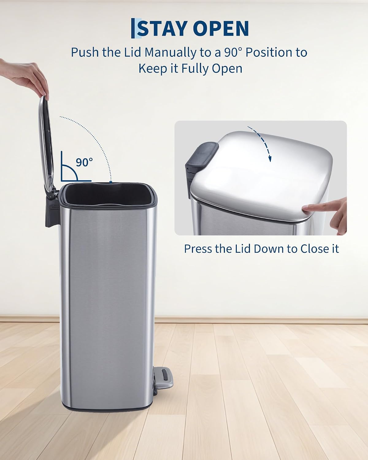 8 Gallon Trash Can, Stainless Steel Garbage Can with Soft Close Lid, Removable Inner Bucket, Space Saving Square Step Waste Bin for Kitchen Bathroom Home Office, Fingerprint Resistant Silver