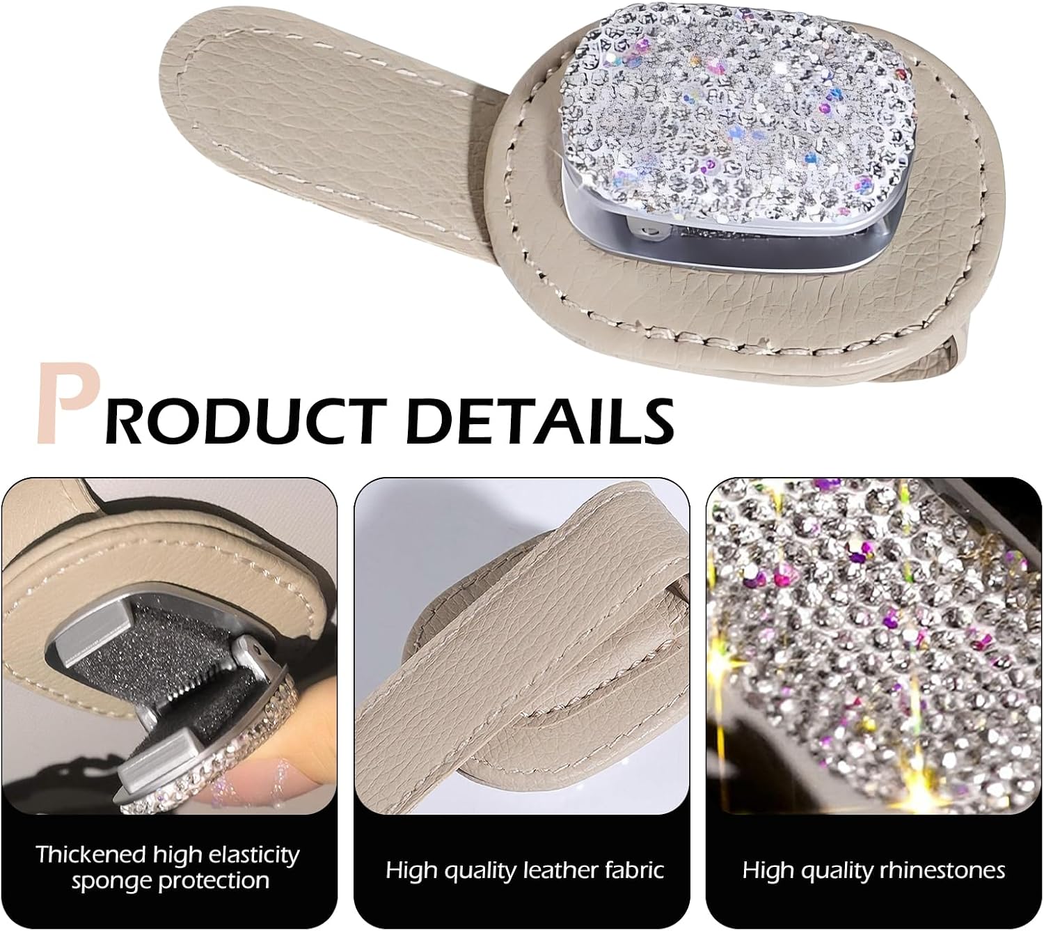 Sunglasses Holders for Car Sun Visor, Bling Magnetic Leather Glasses Holder, Multifunctional Leather Storage Organizer, Fashionable Diamond-encrusted Decoration, Durable Accessory for All (Beige) image 3
