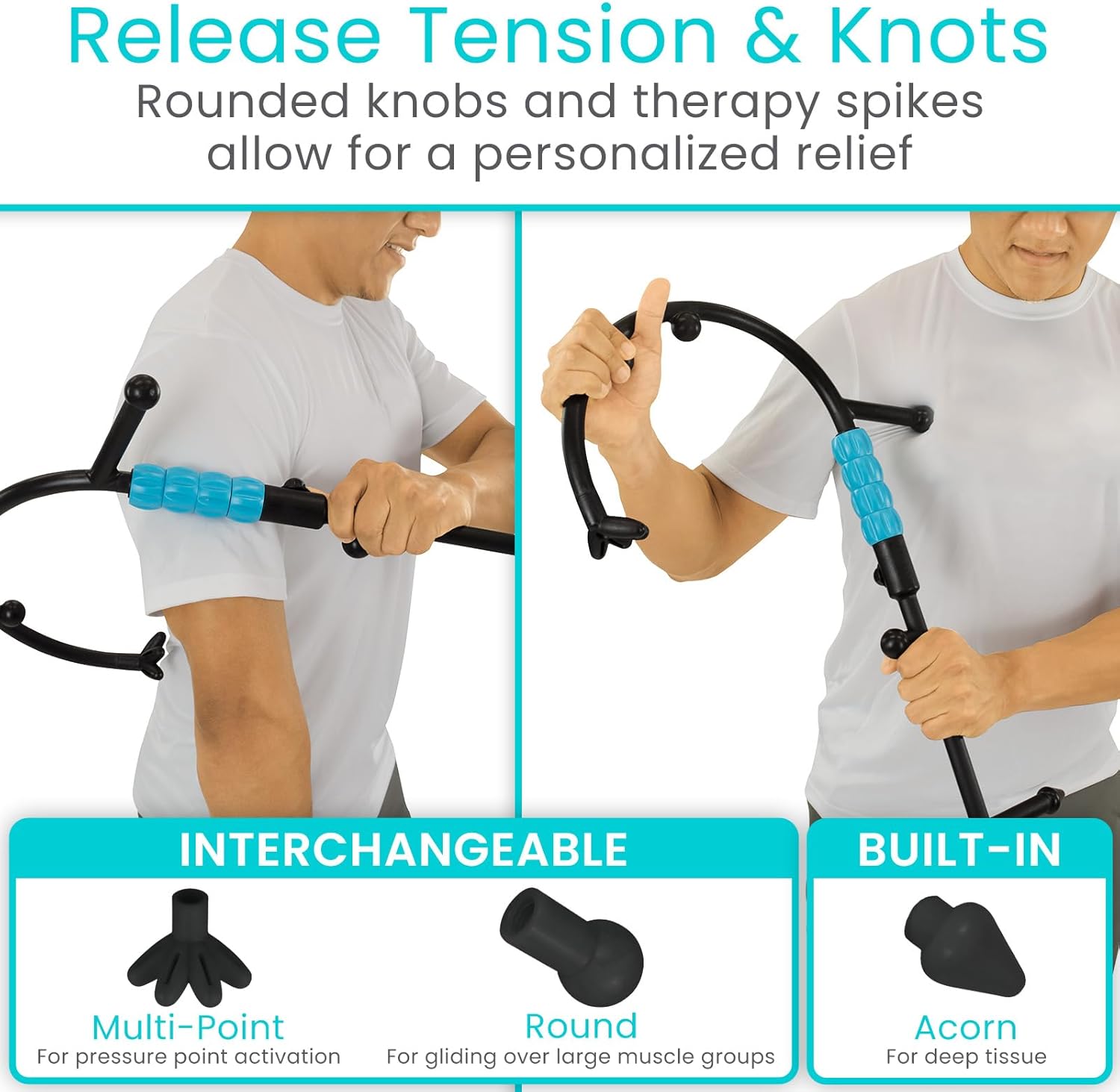 Vive Massage Cane with Roller - Interchangeable Heads - Trigger Point Tool - Neck, Back, Shoulder, Muscles Massager Handheld - Manual Self Massager - Muscle Knot Remover - Deep Tissue Pain Relief