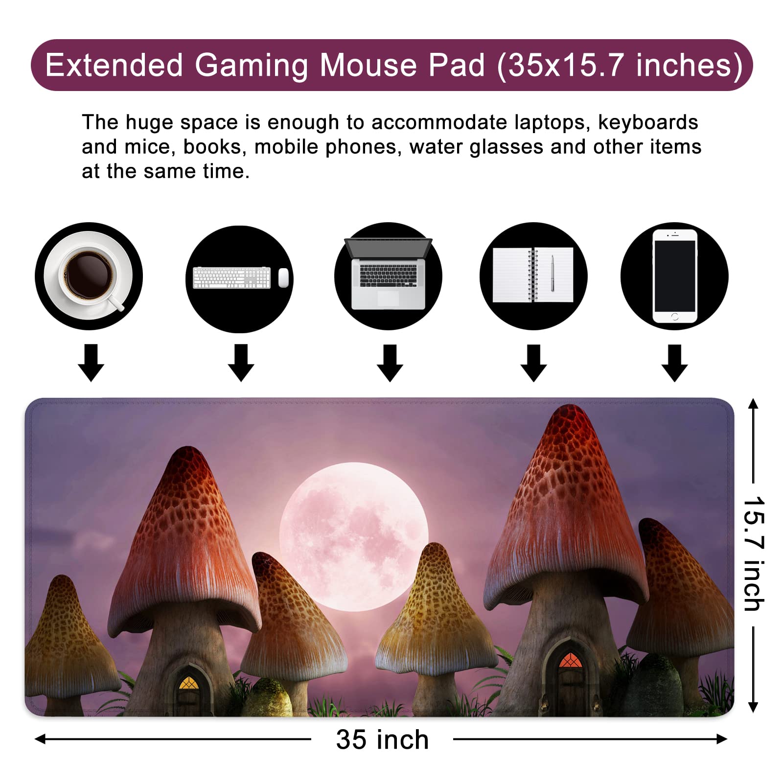 Alfombrilla de mouse grande para juegos XXL con diseño personalizado para laptop, computadora PC (hongo - 35 x 15.7 x 0.1 pulgadas) (hongo - 3)