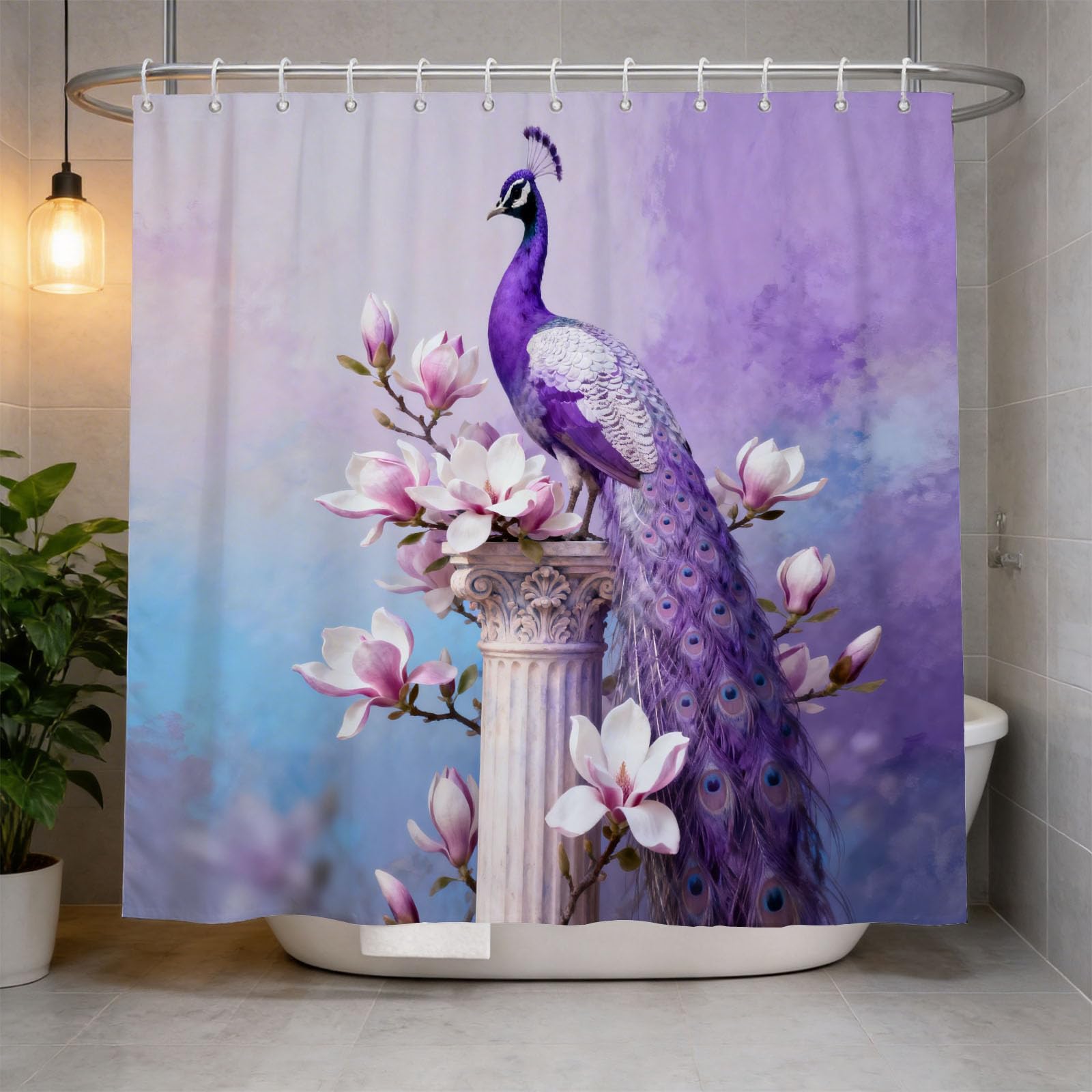 Hongduo White 3D Peacock Shower Curtain For Stalls Bathtubs Antique Style Bathroom Decor Shower Curtain Set Polyester Fabric Waterproof 180X180cm/71X71 Inch With Hooks