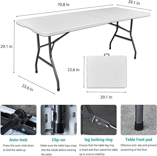 Miniatura 8 de Mesas plegables, mesa plegable portátil para interiores y exteriores, mesa de comedor plegable de plástico resistente con asa, cerradura para