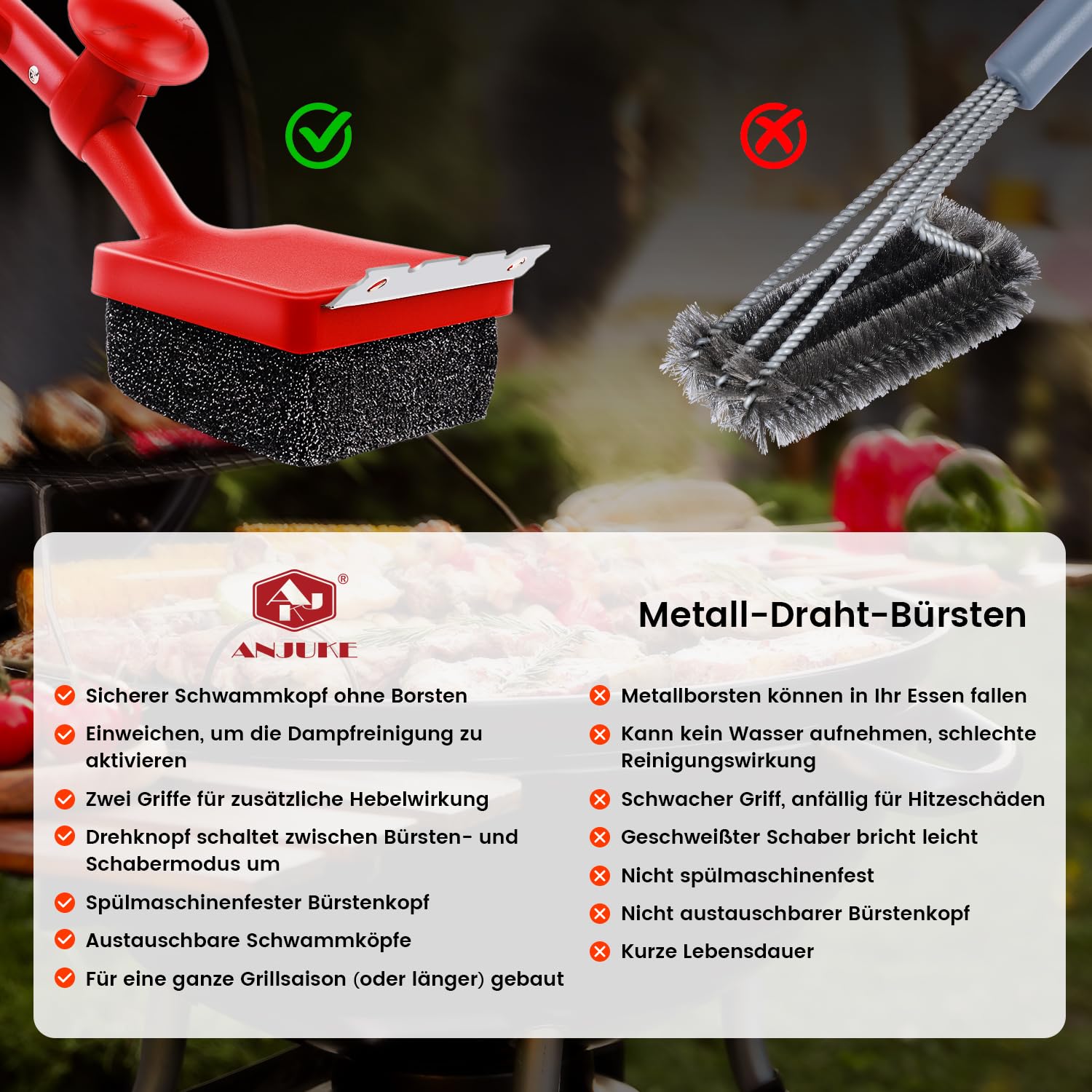 Grillbürste ohne Metallborsten, ANJUKE 4-in-1 Sichere Dampf-Grillbürste für Gussrost mit Edelstahl Spatel und Austauschbar Grillbürstenkopf, für Gasgrill, Holzkohlegrill, Kugelgrill（Rot）