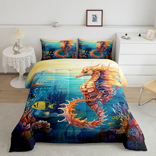 Miniatura 38 de Erosebridal Juego de edredón de ballena náutica, tamaño matrimonial, juego de ropa de cama retro azul con ondas oceánicas para niños y niñas, Negro