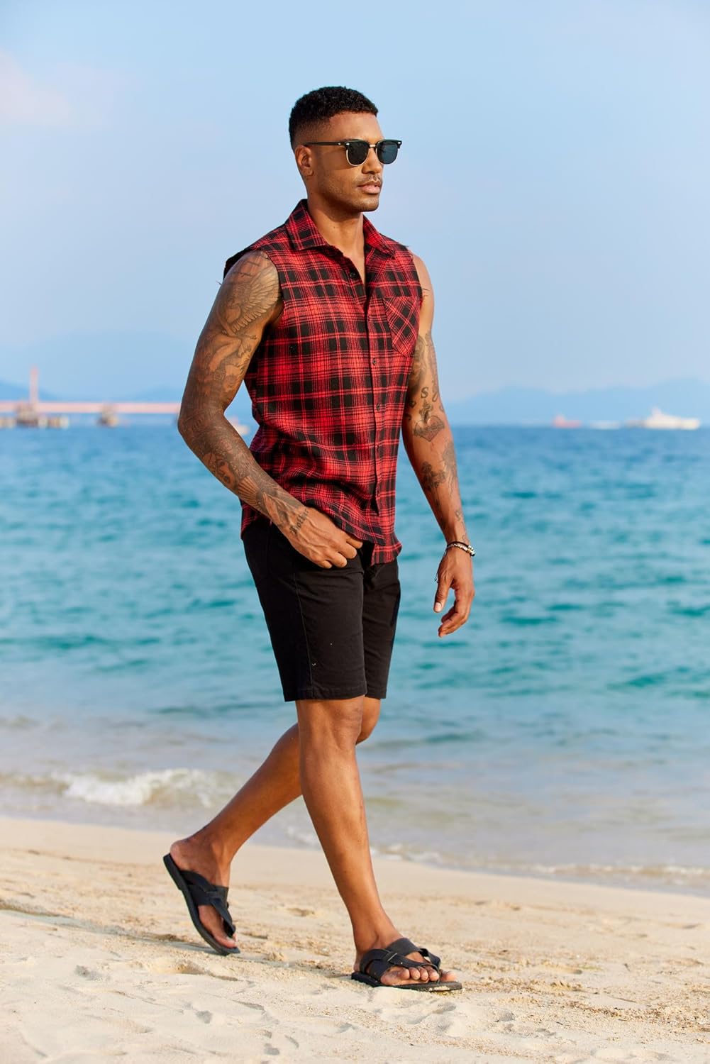 COOFANDY Mens Sleeveless Flannel Shirt Casual Summer Tank Top Button Up Sleeveless Beach Shirts with Chest Pocket - Image 4