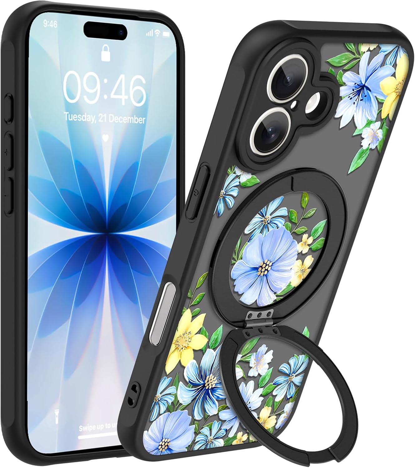 OOK for iPhone 17 Case with Kickstand (6.3") [360° Spin Stand][Wireless Charge Compatible] Slim Translucent Matte Black Cover Cute Floral Design Camera Protection with Screen Protector
