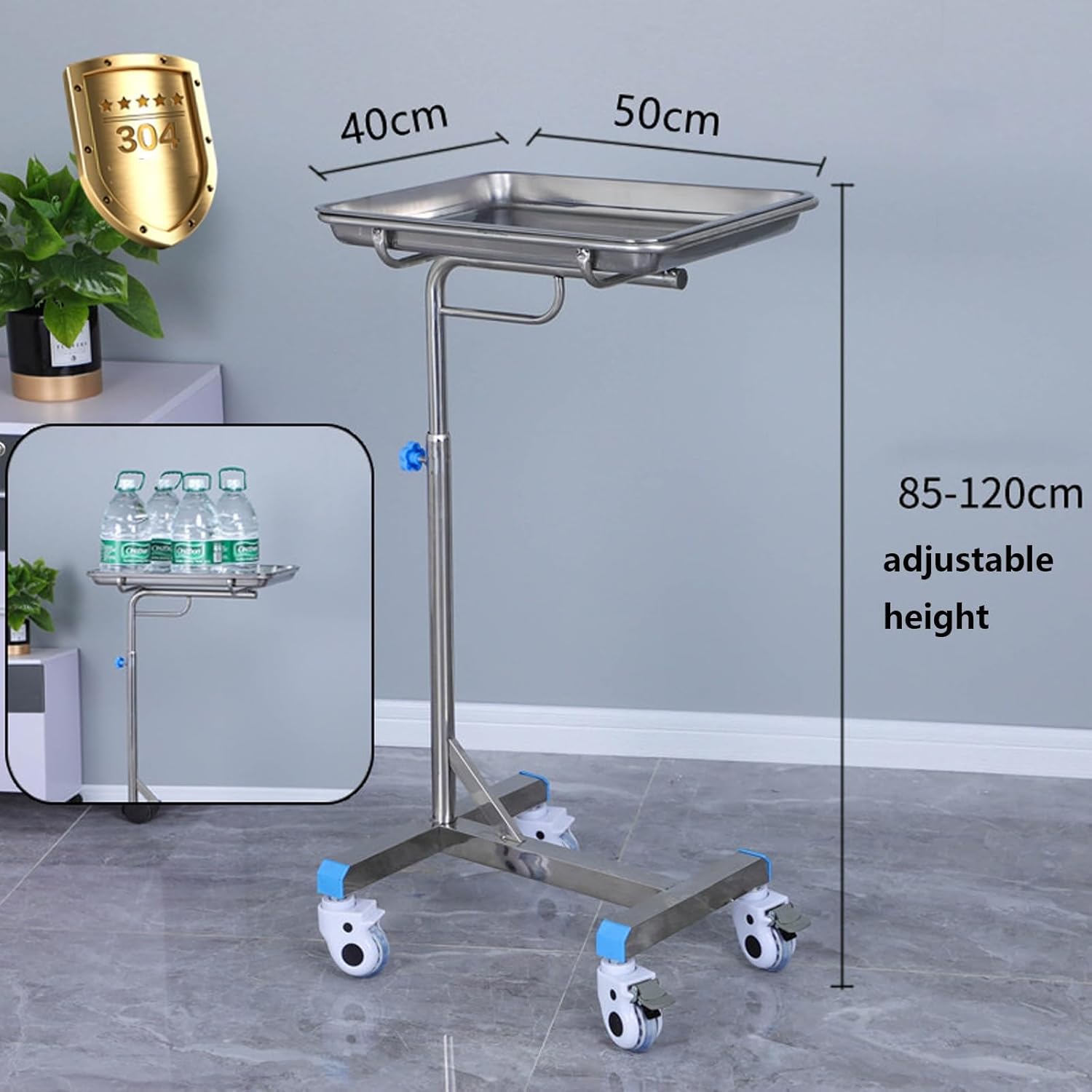 CKSEKD Mobile Tray Stand - Stainless Steel Adjustable Height Utility Trolley with Removable Instrument Tray & Wheels，Medical Dental Service Carts for Medical Doctor Salon Tattoo Spa,50 * 40cm, 5040cm