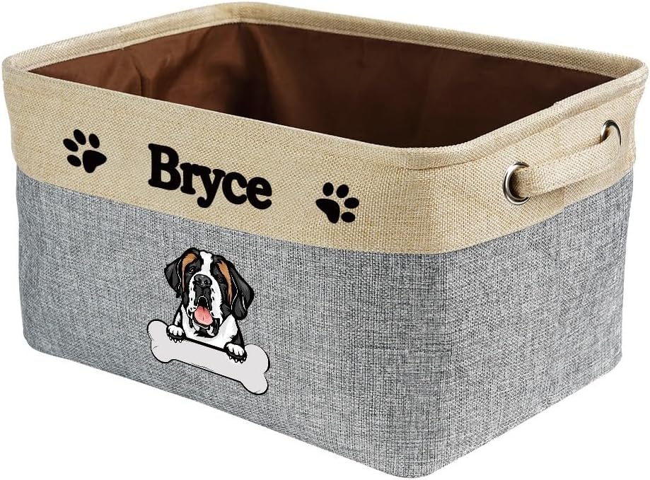 Personalized Fabric Dog Toy Storage Basket with Cute Dog Saint Bernard Collapsible Sturdy Fabric Bone Pet Toys Storage Bin Cube with Handles for Organizing, Grey and White