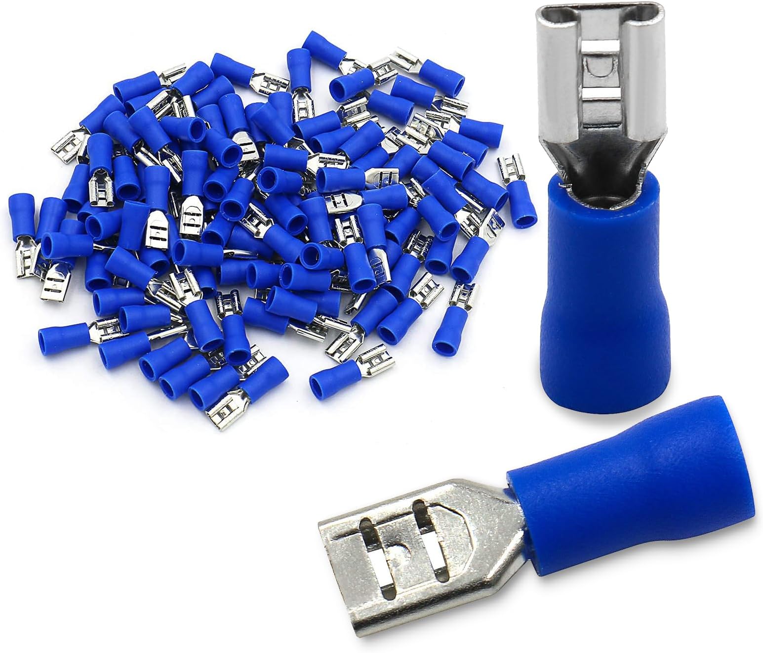 Baomain 100-Pack 0.187" Female Quick Disconnect Spade Terminals, 16-14 AWG 4.8mm (3/16 inch), Insulated Crimp Connectors Blue
