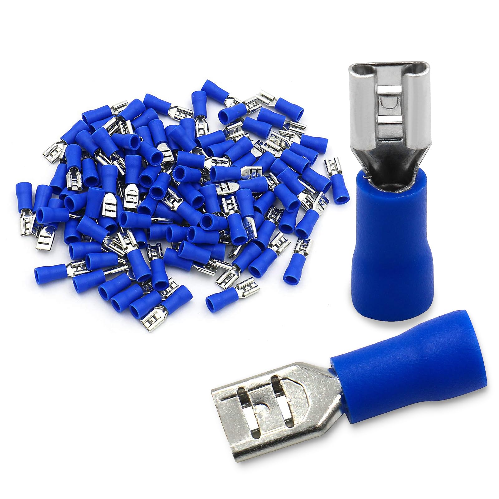 Baomain 100-Pack 0.187" Female Quick Disconnect Spade Terminals, 16-14 AWG 4.8mm (3/16 inch), Insulated Crimp Connectors Blue