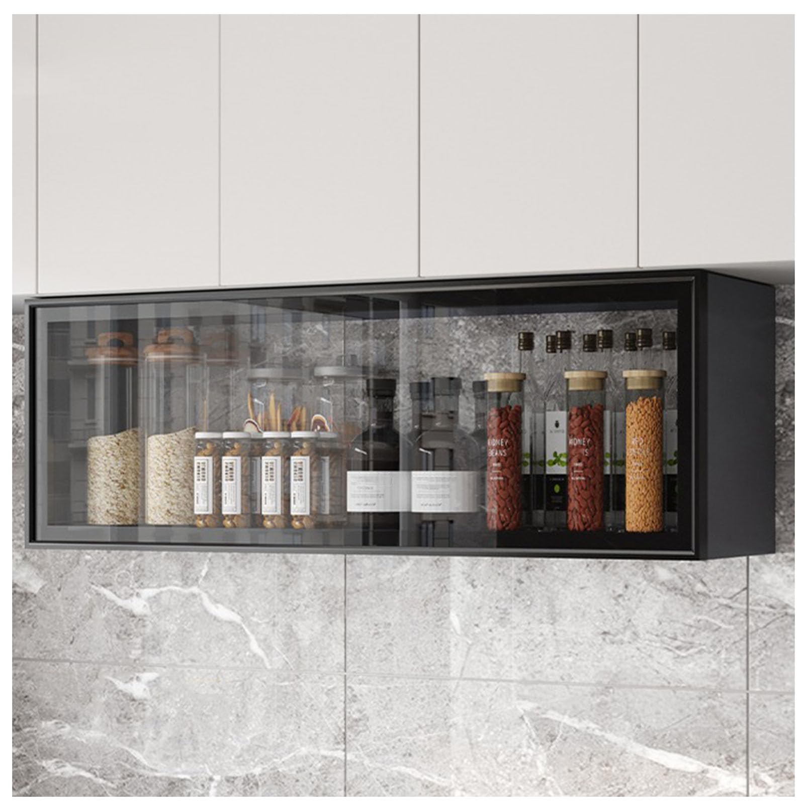 Contenitore per Utensili da Cucina con Ante in Vetro, Porta spezie dispensa, Ripiani sospesi pensili